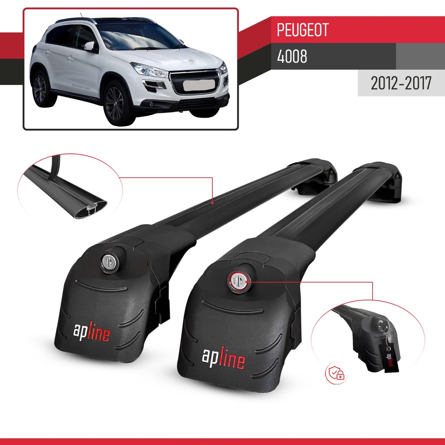 Compatible avec Peugeot 4008 2012-2017 ACE-2 modèle Barres de Toit Railing Porte-Bagages de Voiture Noir Aluminium Barres
