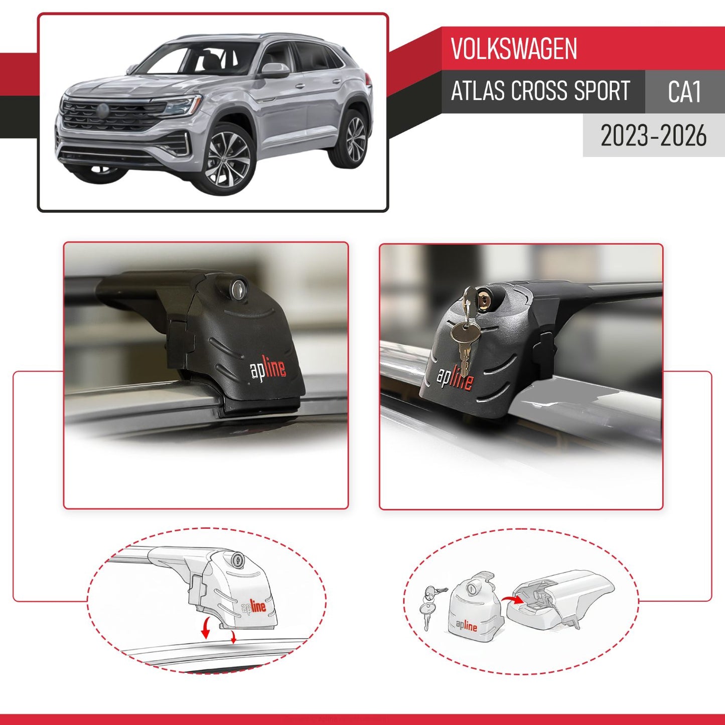 Compatible with Volkswagen Atlas Cross Sport 2023-2025 ACE-2 Car Roof Rack Cross Bar Black Aluminium 2 Bars