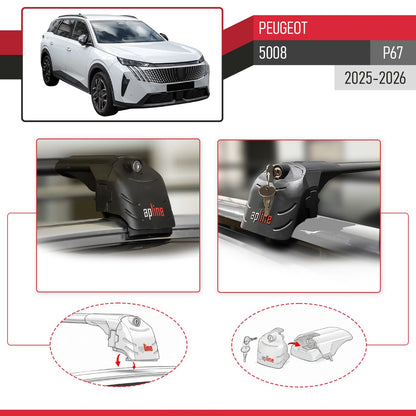 Compatible with Peugeot 5008 2025-2026 ACE-2 Car Roof Rack Cross Bar Black Aluminium 2 Bars
