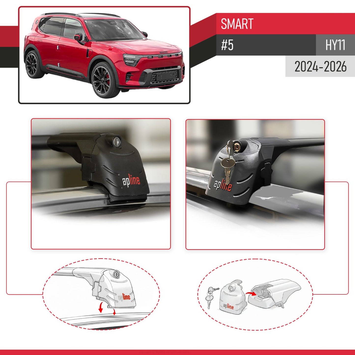 Compatible avec SMART #5 (HY11) 2024-2026 ACE-2 modèle Barres de Toit Railing Porte-Bagages de Voiture Noir Aluminium Barres