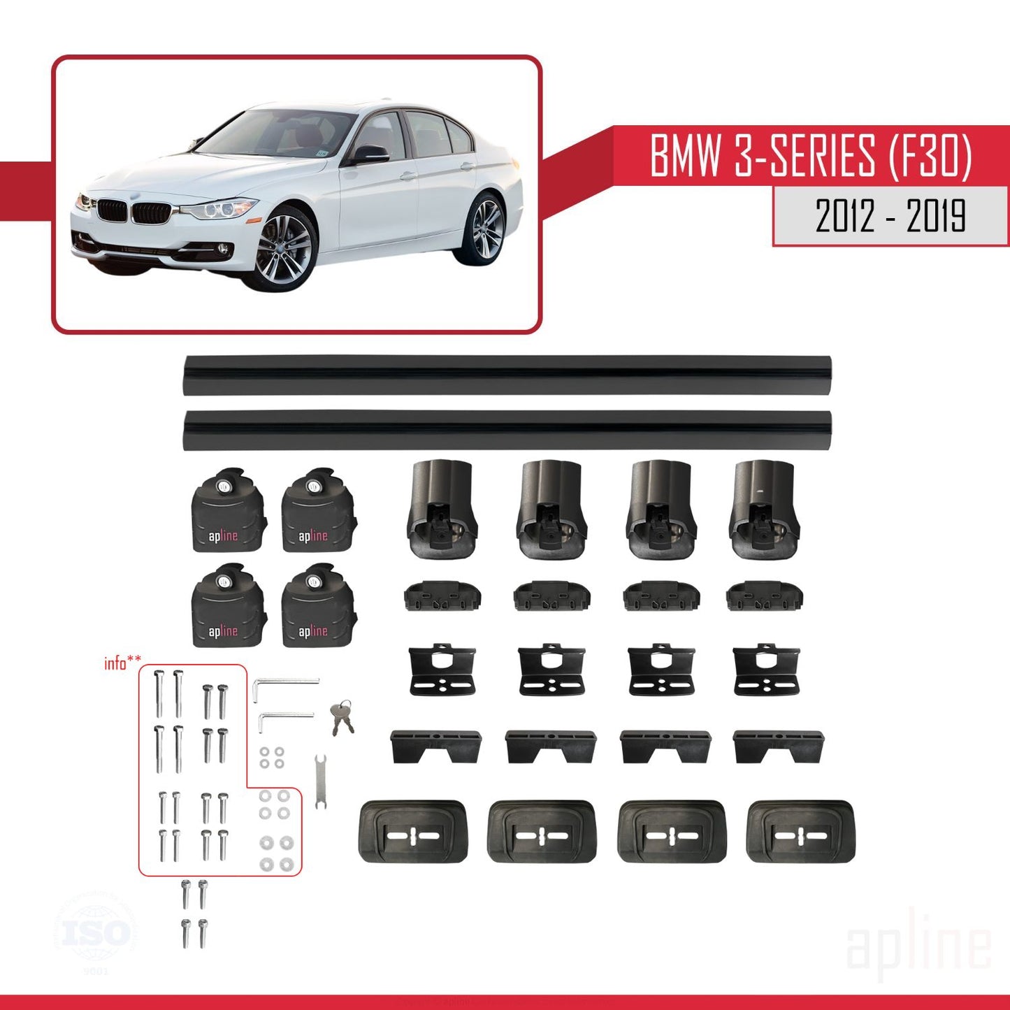 Compatible avec BMW Série 3 (F30) 2012-2019 ACE-3 Barres de Toit Railing Porte-Bagages de Voiture Noir Aluminium 2 Barres