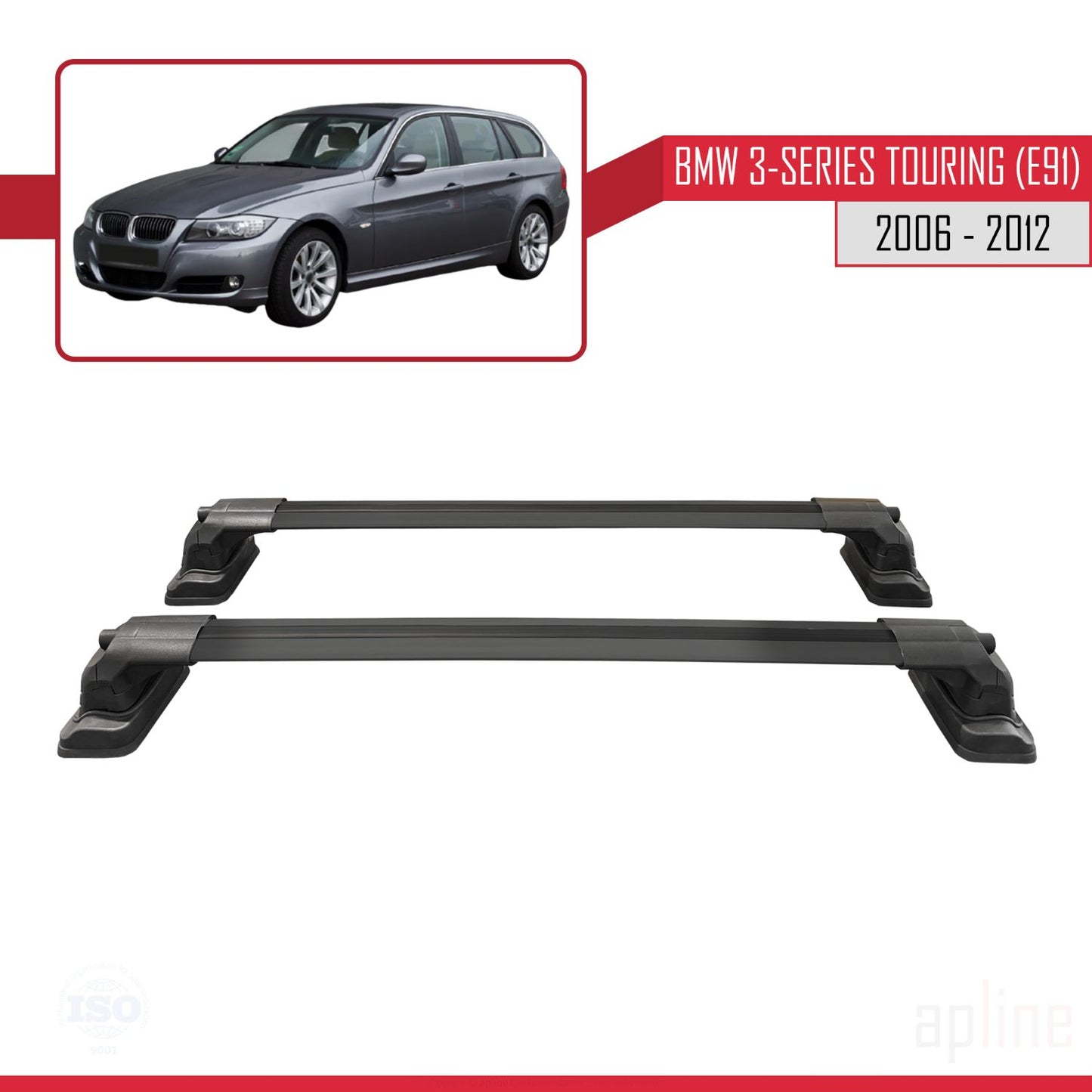 Compatibile con BMW Serie 3 Touring (E91) 2006-2012 Barre portatutto ACE-3 Portapacchi per auto in alluminio nero 2 barre