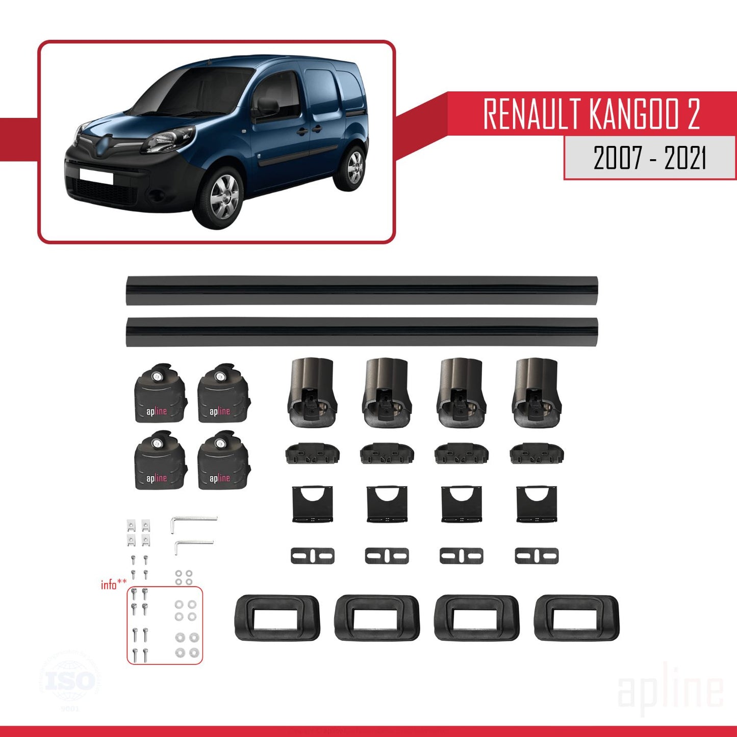 Compatible avec Renault Kangoo 2 2007-2021 ACE-3 Barres de Toit Railing Porte-Bagages de Voiture Noir Aluminium 2 Barres