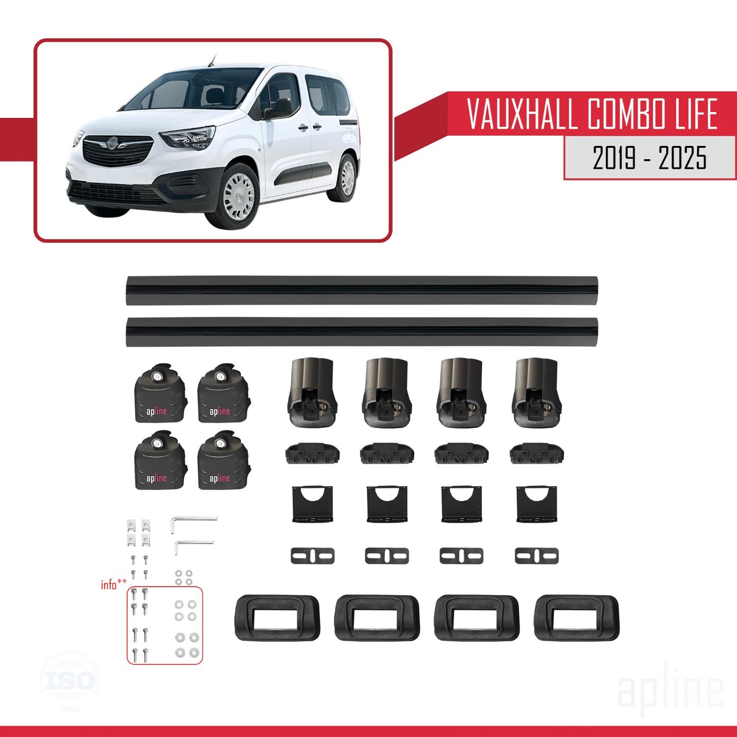 Compatible avec Vauxhall Combo Life 2019-2025 ACE-3 Barres de Toit Railing Porte-Bagages de Voiture Noir Aluminium 2 Barres