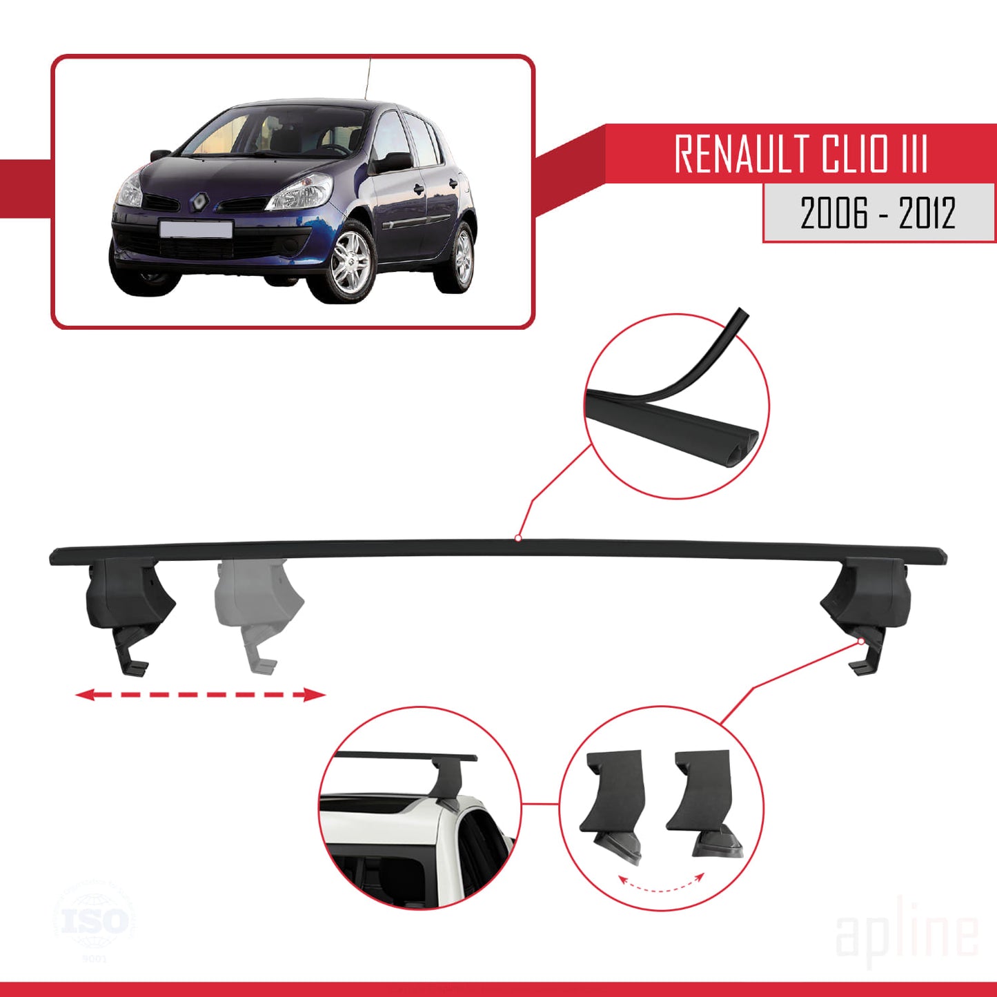Compatible avec Renault Clio 3 2006-2012 ACE-4 Barres de Toit Railing Porte-Bagages de Voiture Noir Aluminium 2 Barres
