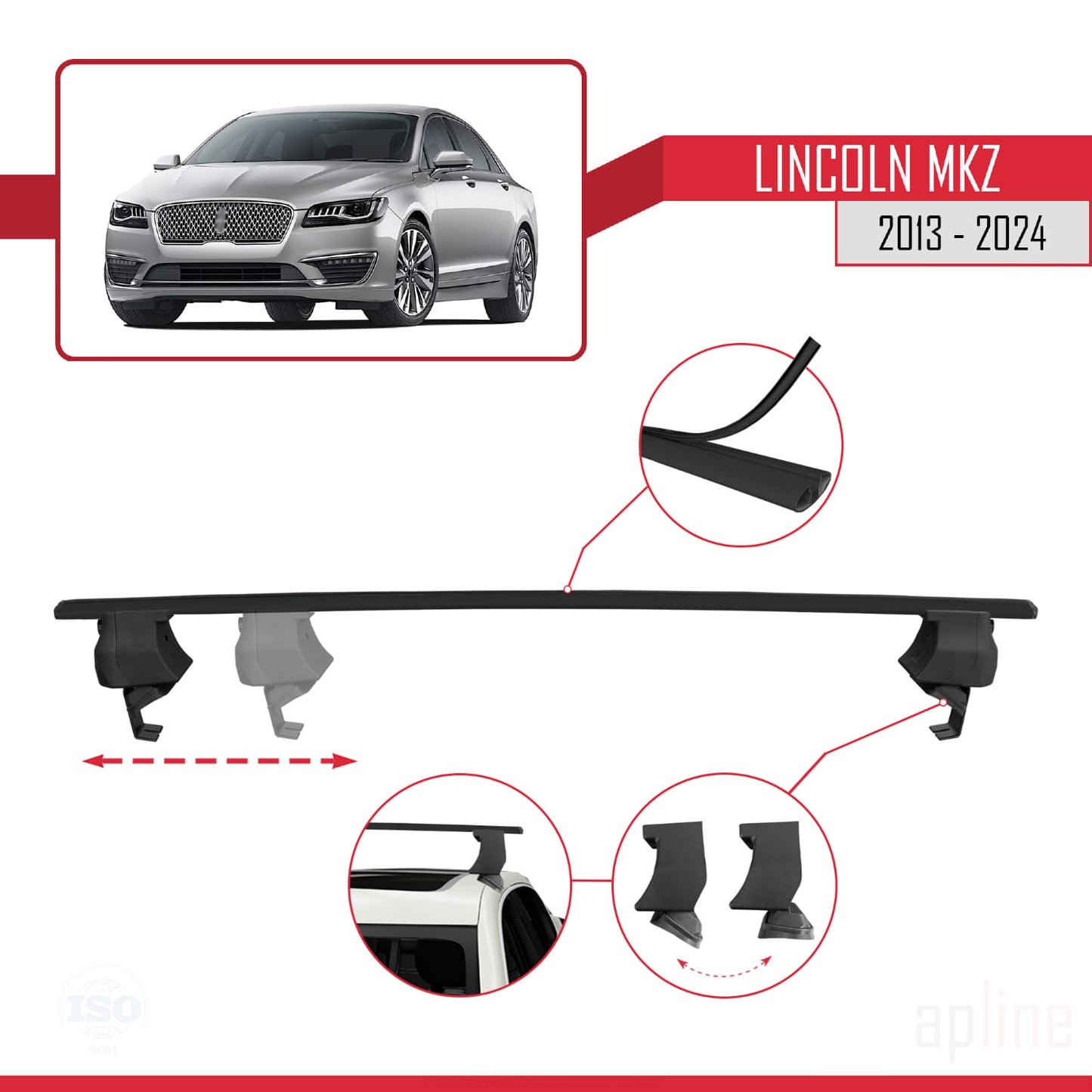 Compatible avec Lincoln MKZ 2 2013-2024 ACE-4 Barres de Toit Railing Porte-Bagages de Voiture Noir Aluminium 2 Barres