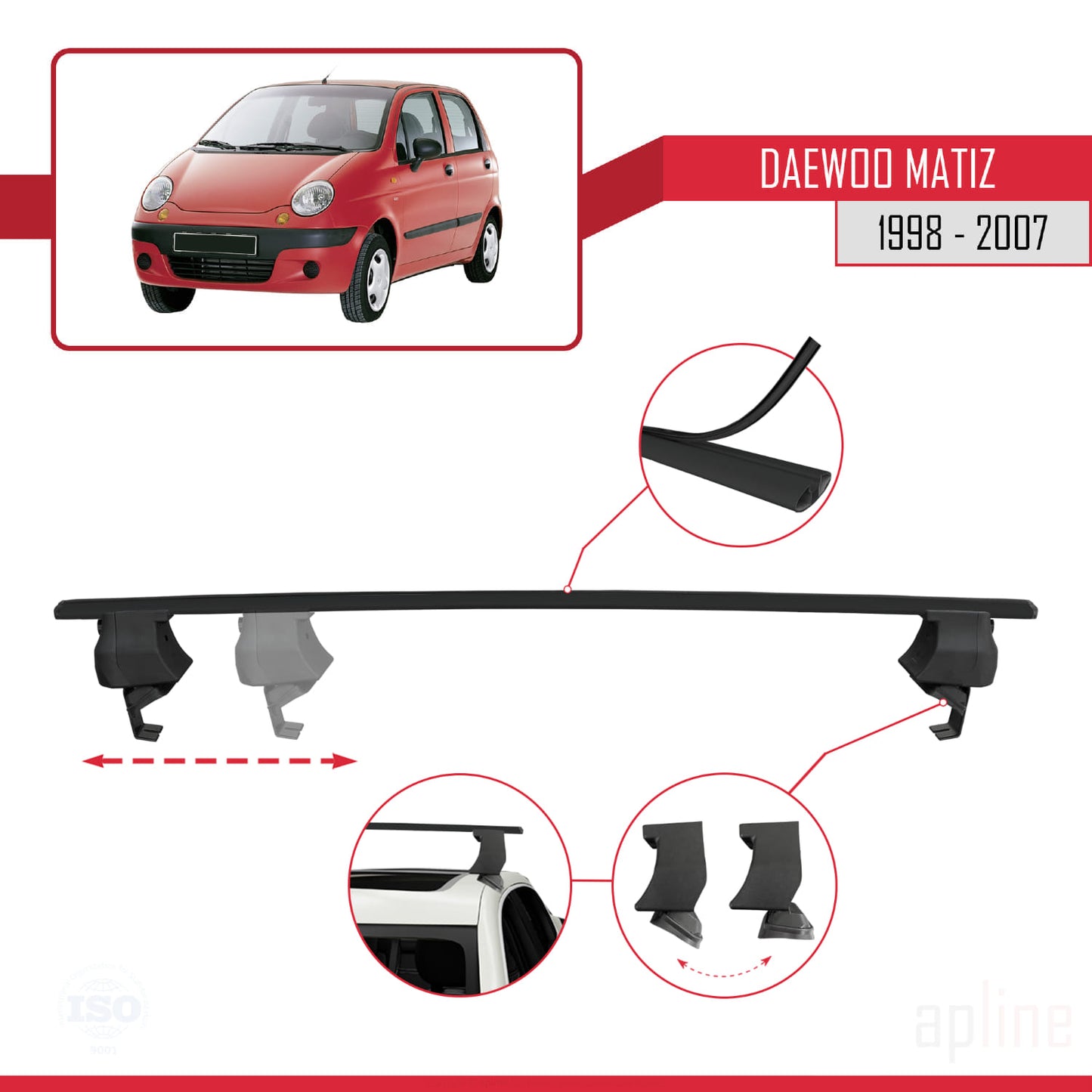 Compatible with Daewoo Matiz 1998-2007 ACE-4 Car Roof Rack Cross Bar Black Aluminium 2 Bars