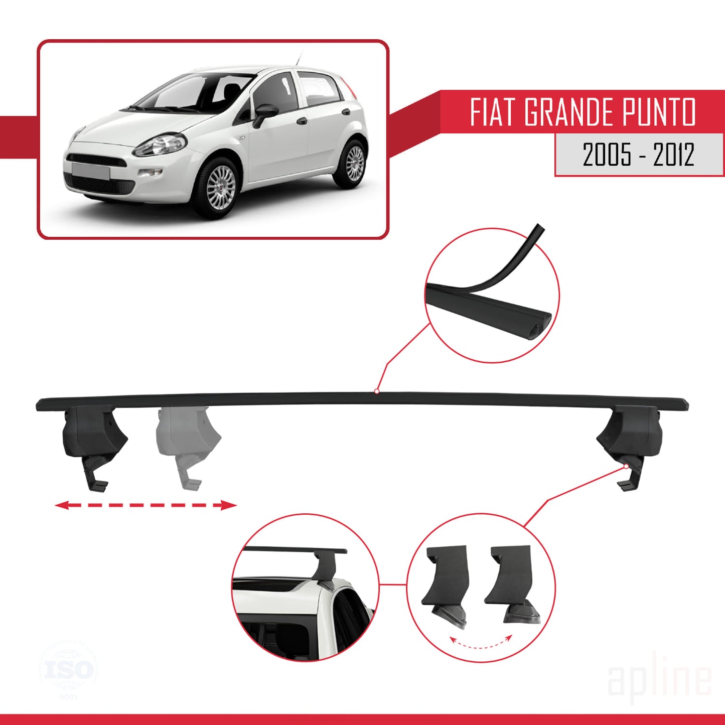 Compatible avec Fiat Grande Punto (199) 2005-2012 ACE-4 Barres de Toit Railing Porte-Bagages de Voiture Noir Aluminium 2 Barres