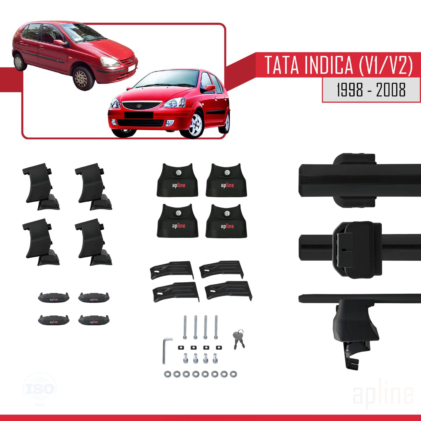 Compatible with Tata Indica (V1/V2) 1998-2008 ACE-4 Car Roof Rack Cross Bar Black Aluminium 2 Bars