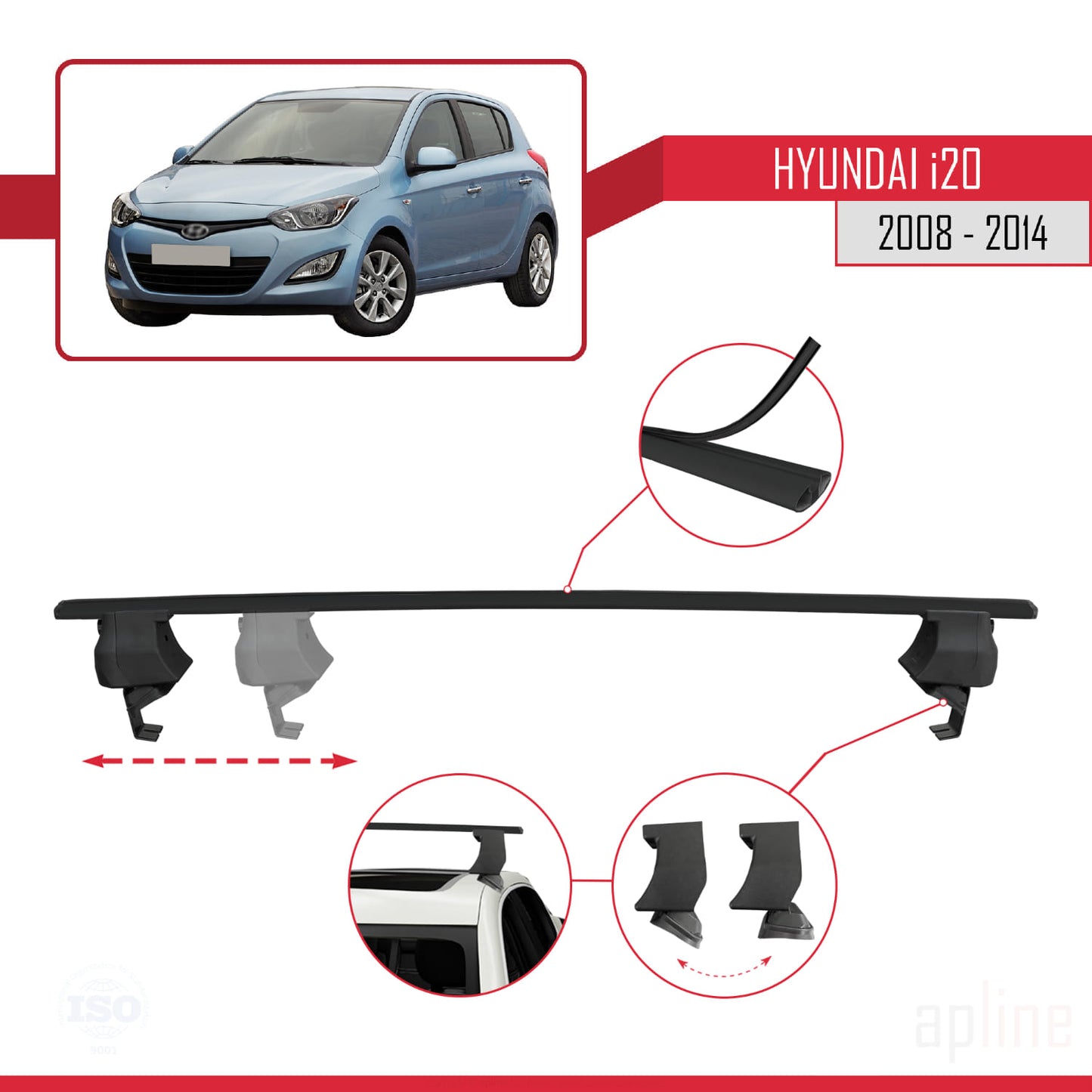 Compatible with Hyundai i20 (PB) 2008-2014 ACE-4 Car Roof Rack Cross Bar Black Aluminium 2 Bars