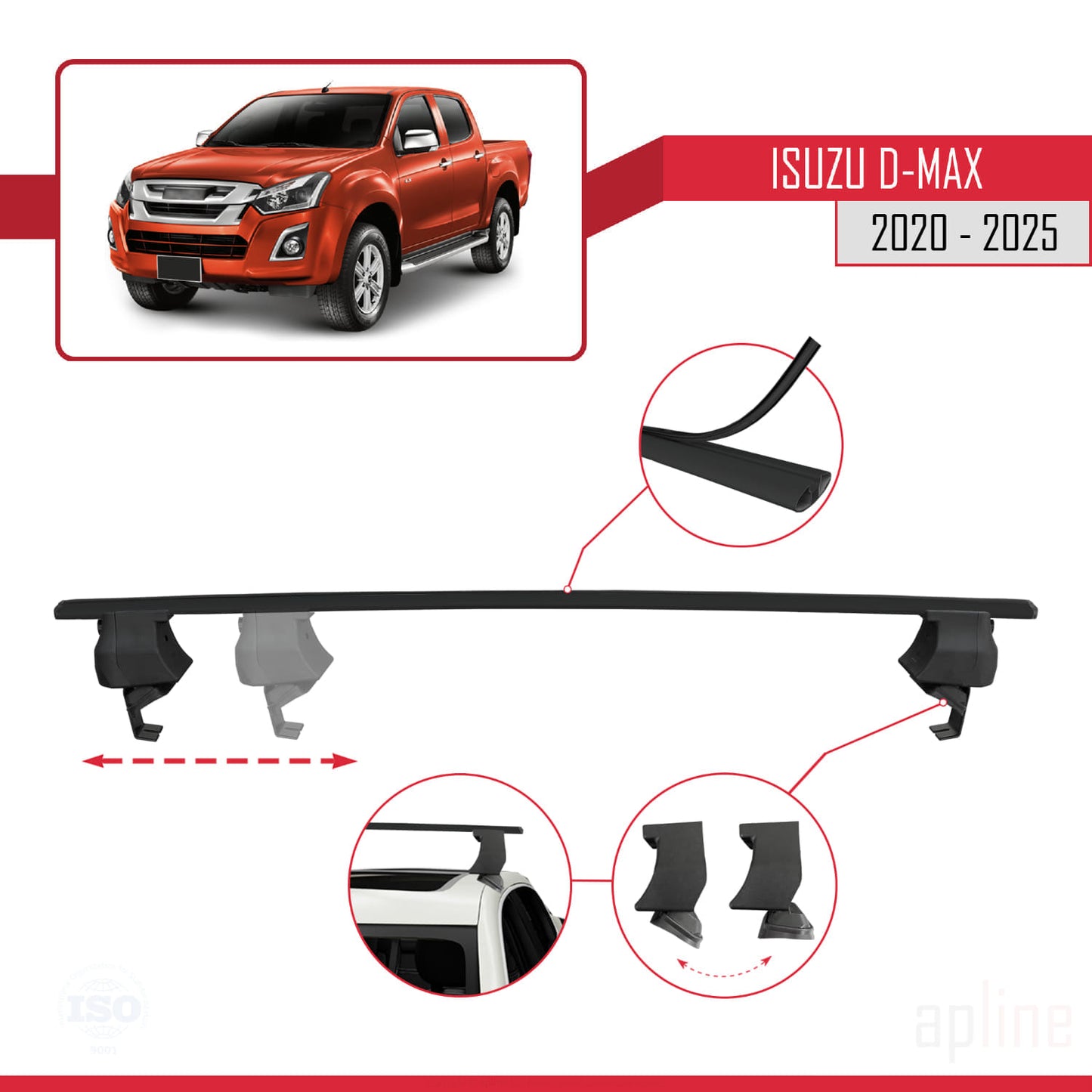 Compatible avec Isuzu D-Max 3 (RG01) 2020-2025 ACE-4 Barres de Toit Railing Porte-Bagages de Voiture Noir Aluminium 2 Barres