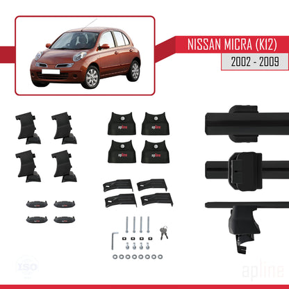 Compatible avec Nissan Micra 3 (K12) 2002-2009 ACE-4 Barres de Toit Railing Porte-Bagages de Voiture Noir Aluminium 2 Barres