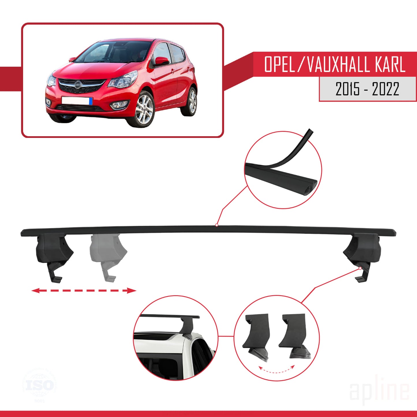 Compatible with Opel/Vauxhall Karl 2015-2022 ACE-4 Car Roof Rack Cross Bar Black Aluminium 2 Bars