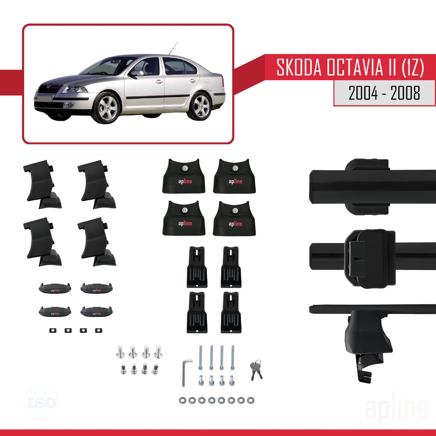 Compatible avec Skoda Octavia 2 (1Z) Pre-Facelift 2004-2008 ACE-4 Barres de Toit Railing Porte-Bagages de Voiture Noir Aluminium 2 Barres