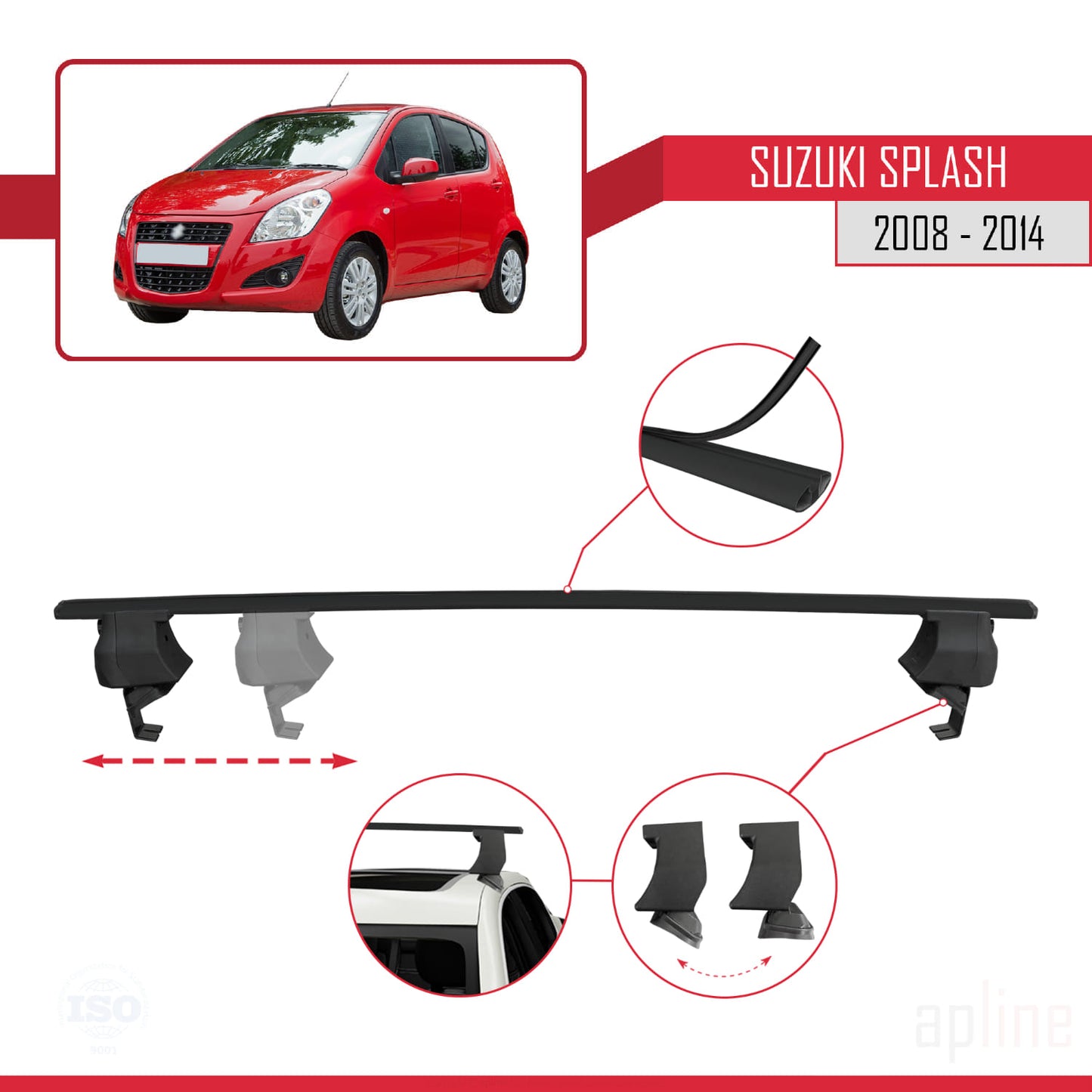 Compatible with Suzuki Splash 2008-2014 ACE-4 Car Roof Rack Cross Bar Black Aluminium 2 Bars
