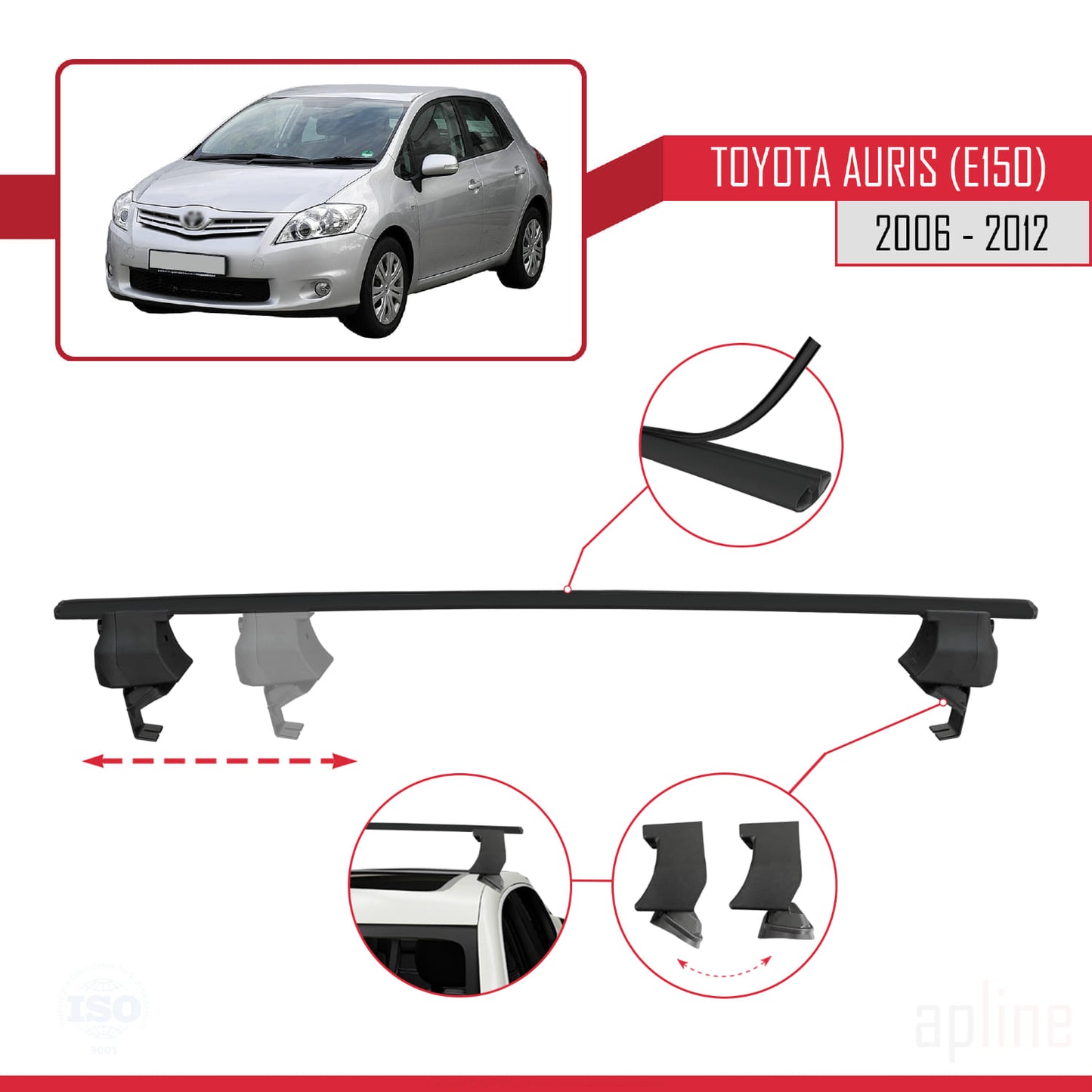 Compatible with Toyota Auris (E150) 2006-2012 ACE-4 Car Roof Rack Cross Bar Black Aluminium 2 Bars