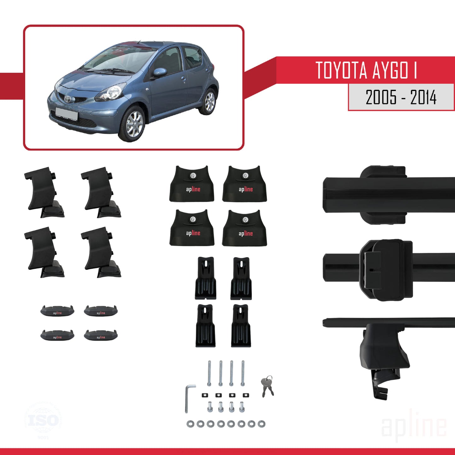 Compatible avec Toyota Aygo 2005-2014 ACE-4 Barres de Toit Railing Porte-Bagages de Voiture Noir Aluminium 2 Barres