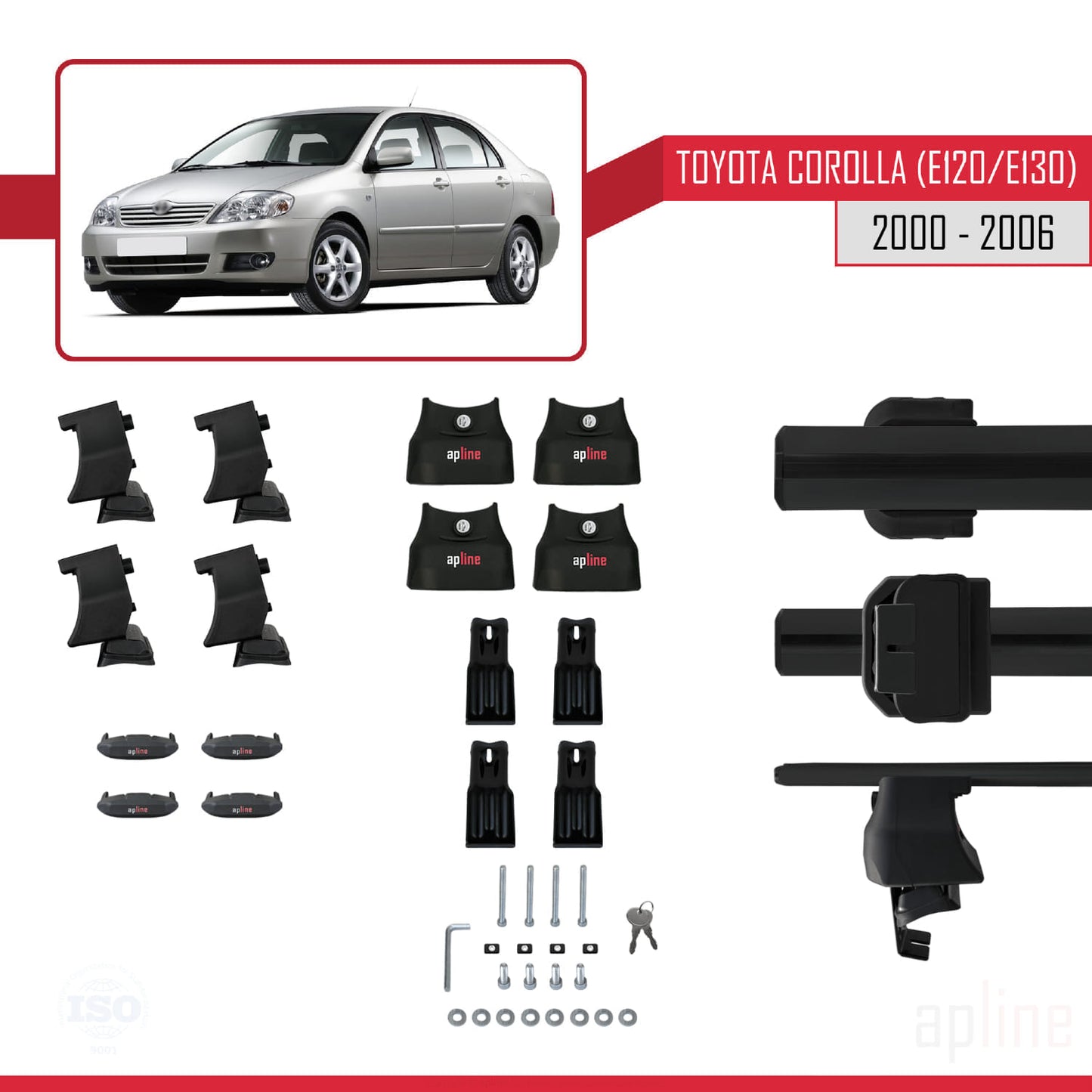 Compatible avec Toyota Corolla 9 (E120) Berline 2000-2006 ACE-4 Barres de Toit Railing Porte-Bagages de Voiture Noir Aluminium 2 Barres