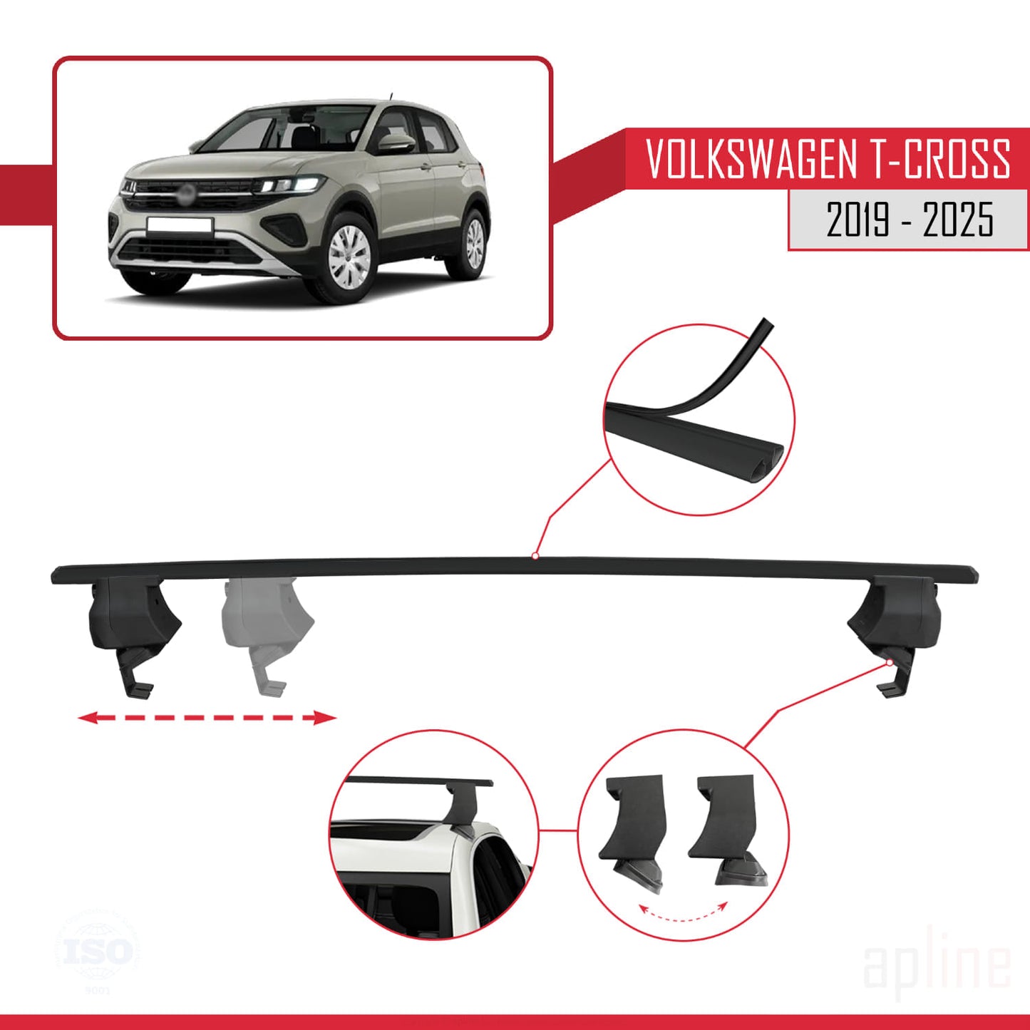 Compatible avec Volkswagen T-Cross (C11) 2019-2025 ACE-4 Barres de Toit Railing Porte-Bagages de Voiture Noir Aluminium 2 Barres