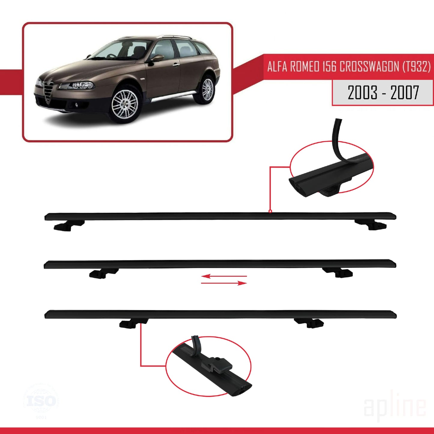 Compatible avec Alfa Romeo 156 (T932) Crosswagon 2003-2007 BASIC Model Barres de Toit Railing Porte-Bagages de Voiture Noir Aluminium 3 Barres