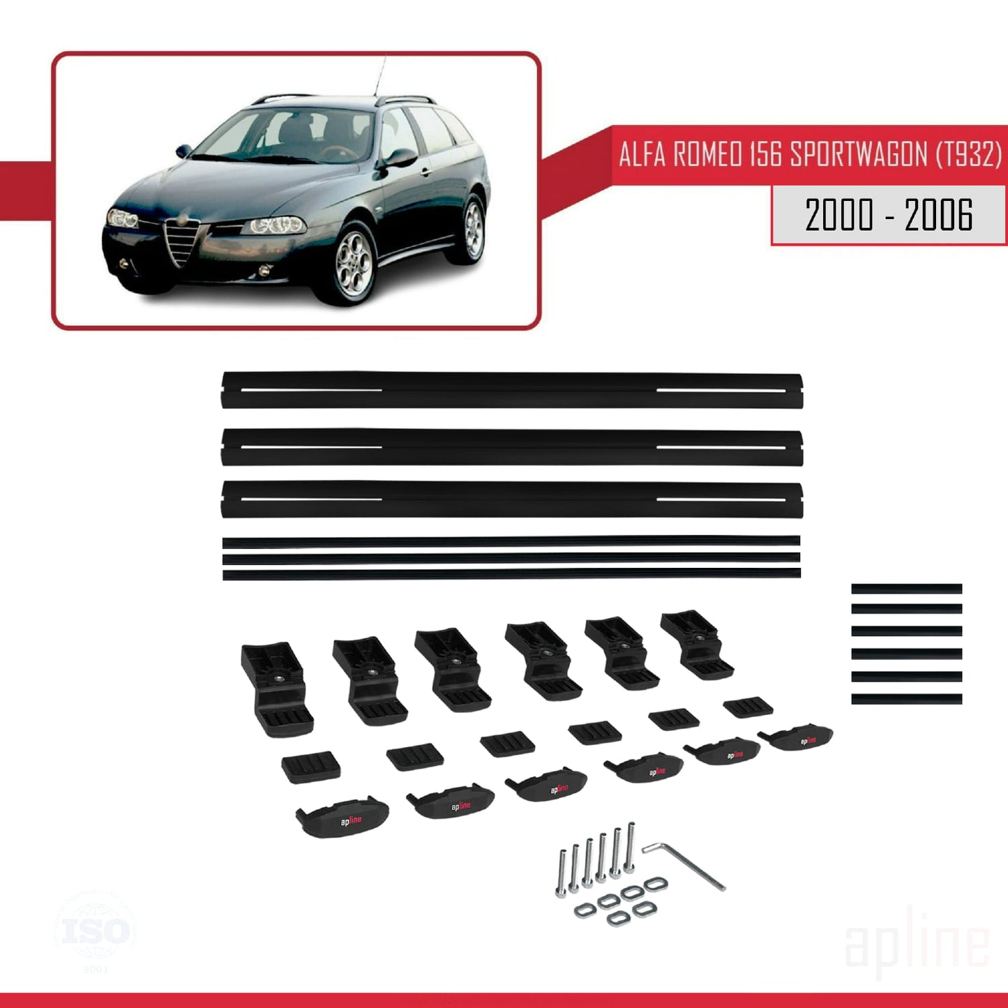 Compatible avec Alfa Romeo 156 (T932) Break 2000-2006 BASIC Model Barres de Toit Railing Porte-Bagages de Voiture Noir Aluminium 3 Barres