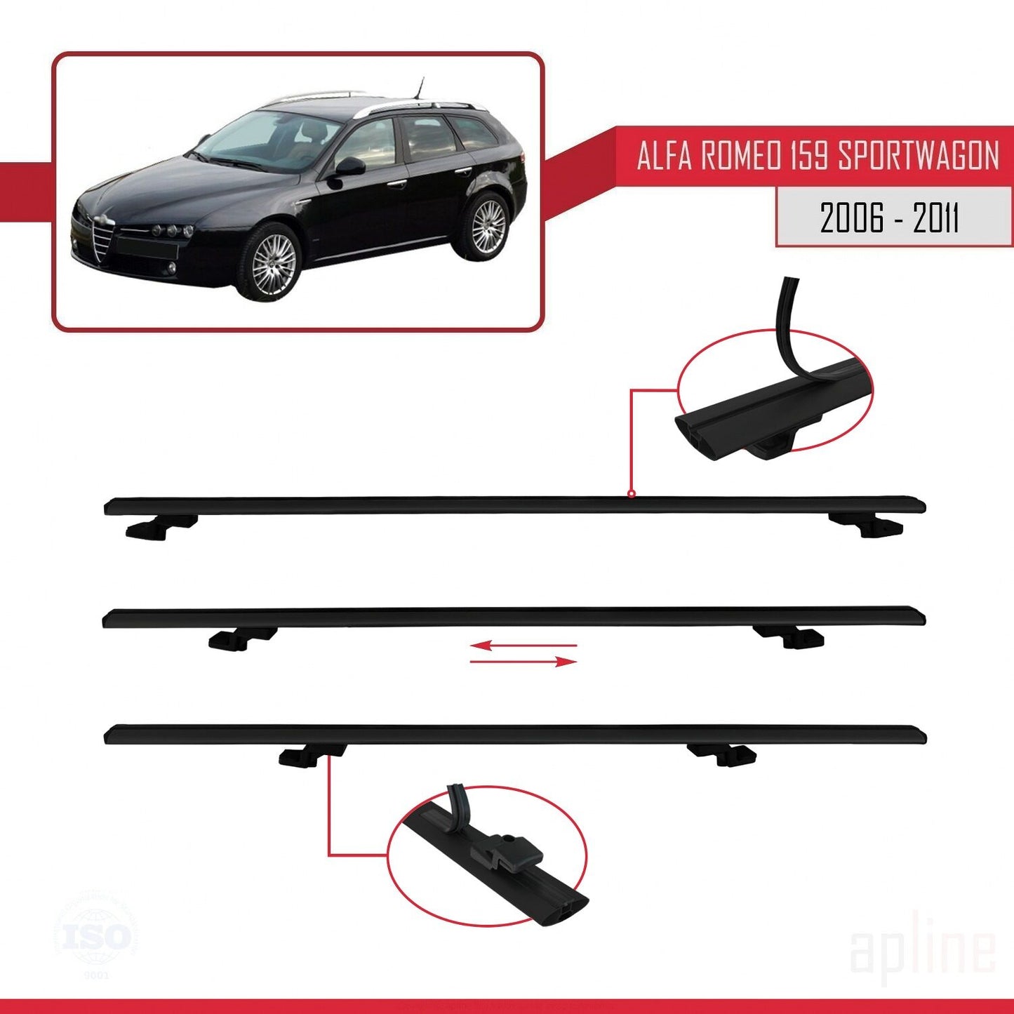 Compatible avec Alfa Romeo 159 (T939) Break 2006-2011 BASIC Model Barres de Toit Railing Porte-Bagages de Voiture Noir Aluminium 2 Barres