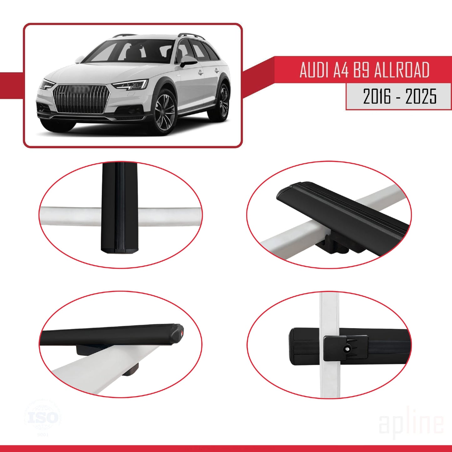Compatible avec A4 (B9) Allroad 2016-2025 BASIC Model Barres de Toit Railing Porte-Bagages de Voiture Noir Aluminium 3 Barres