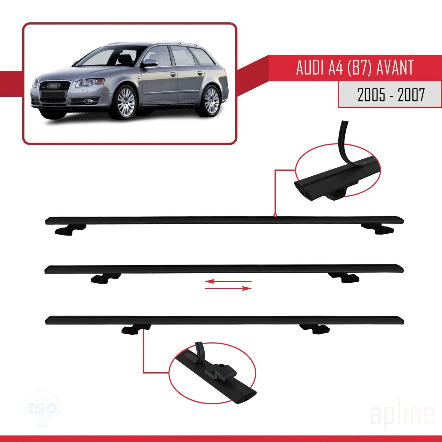 Compatible avec A4 (B7) Avant 2005-2007 BASIC Model Barres de Toit Railing Porte-Bagages de Voiture Noir Aluminium 2 Barres
