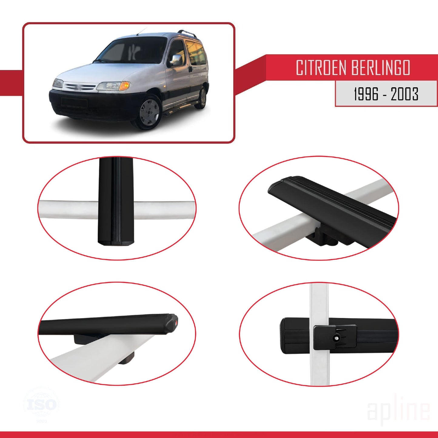 Compatible avec Citroen Berlingo (M49) 1996-2003 BASIC Model Barres de Toit Railing Porte-Bagages de Voiture Noir Aluminium 4 Barres