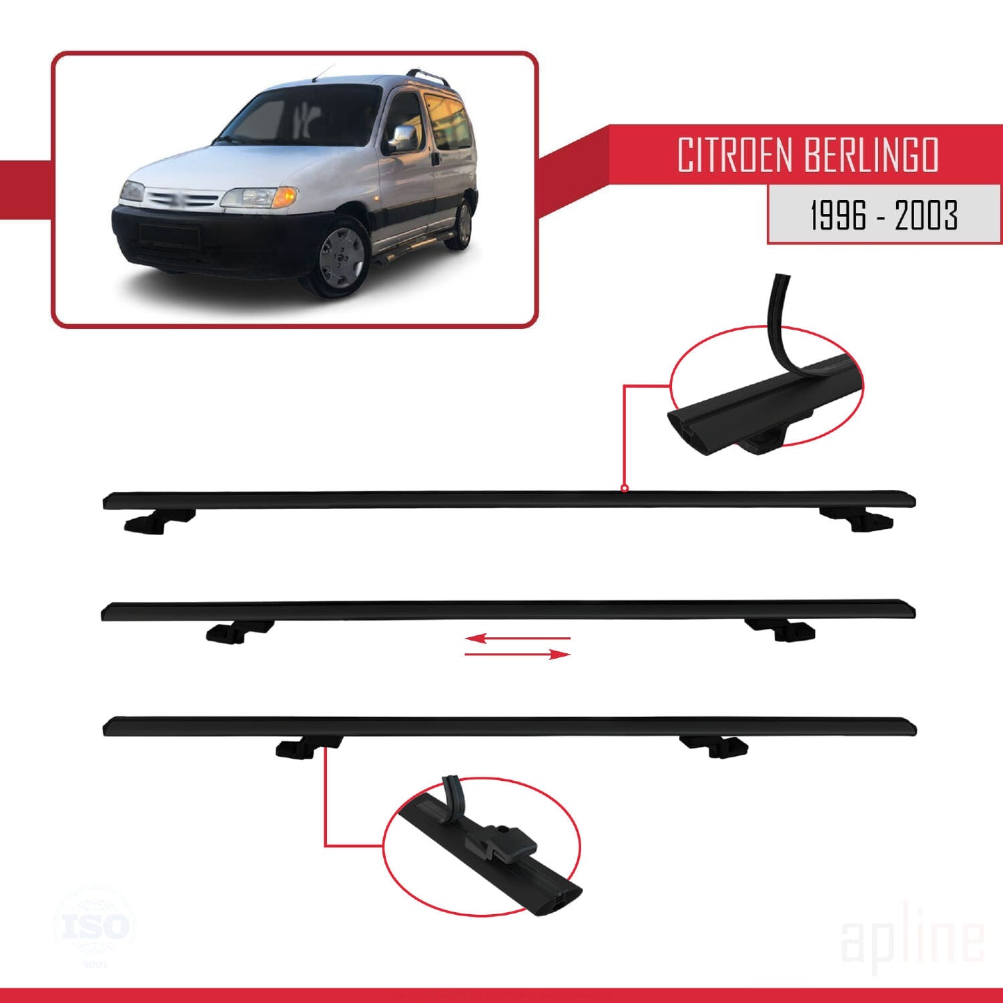 Compatible avec Citroen Berlingo (M49) 1996-2003 BASIC Model Barres de Toit Railing Porte-Bagages de Voiture Noir Aluminium 4 Barres