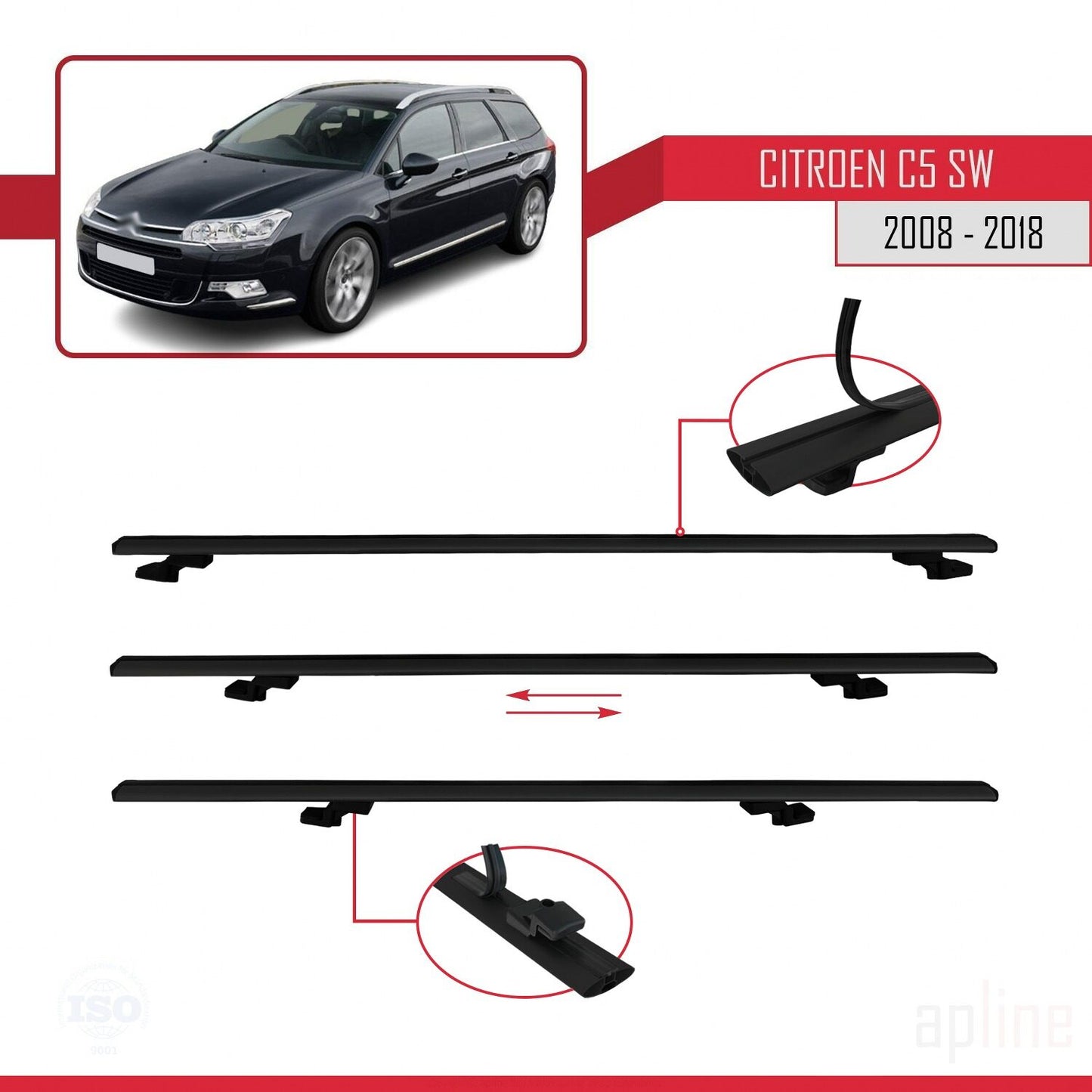 Compatible avec Citroen C5 II Tourer 2008-2018 BASIC Model Barres de Toit Railing Porte-Bagages de Voiture Noir Aluminium 3 Barres