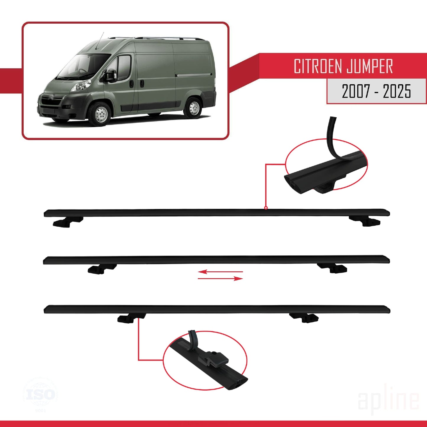 Compatible avec Citroen Jumper 2 2007-2025 BASIC Model Barres de Toit Railing Porte-Bagages de Voiture Noir Aluminium 3 Barres
