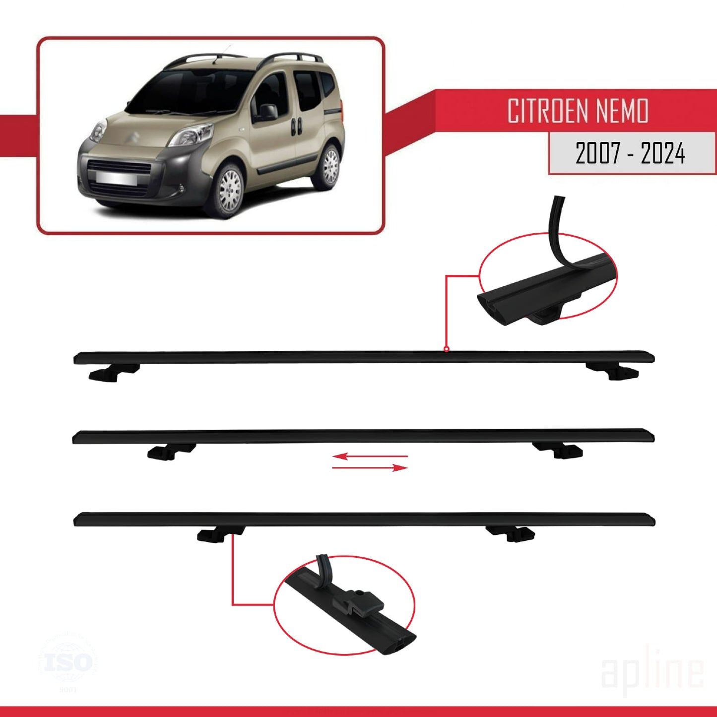 Compatible avec Citroen Nemo 3 (225) 2007-2024 BASIC Model Barres de Toit Railing Porte-Bagages de Voiture Noir Aluminium 3 Barres
