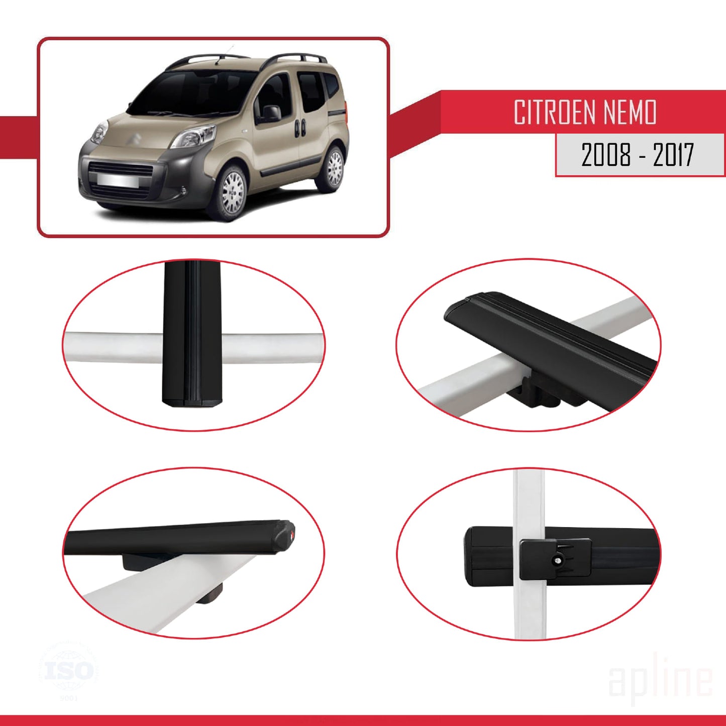 Compatible avec Citroen Nemo 3 (225) 2007-2024 BASIC Model Barres de Toit Railing Porte-Bagages de Voiture Noir Aluminium 4 Barres