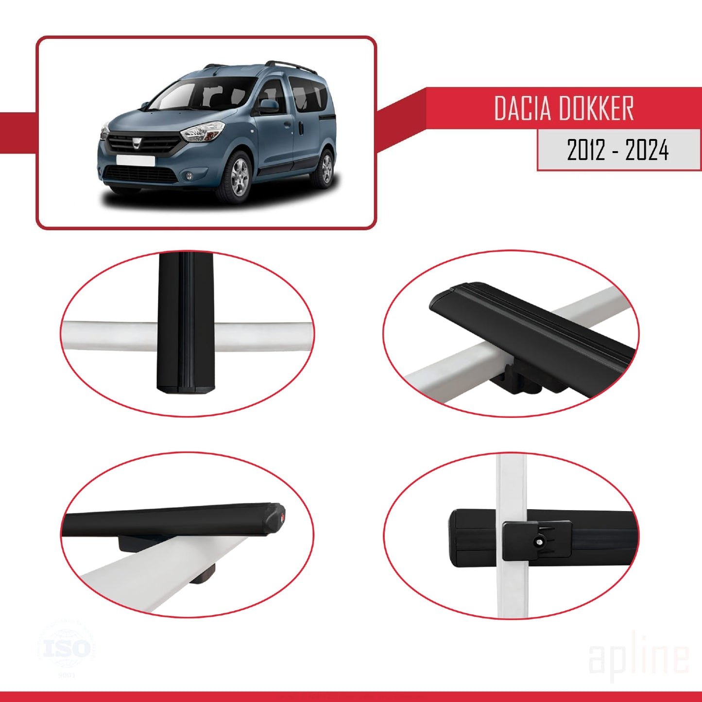 Compatible avec Dacia Dokker (K67) 2012-2024 BASIC Model Barres de Toit Railing Porte-Bagages de Voiture Noir Aluminium 3 Barres