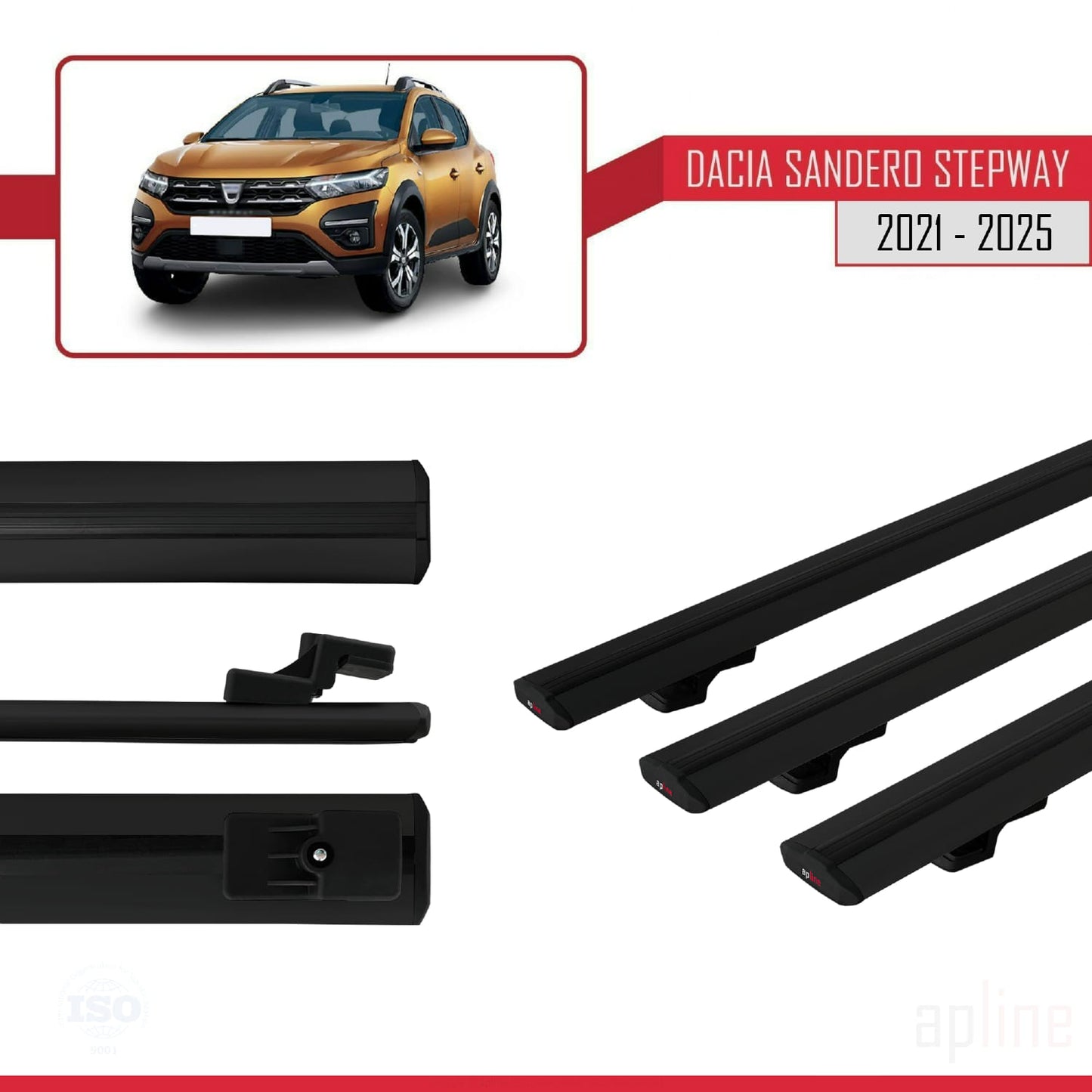 Compatible avec Dacia Sandero Stepway 3 2021-2025 BASIC Model Barres de Toit Railing Porte-Bagages de Voiture Noir Aluminium 3 Barres