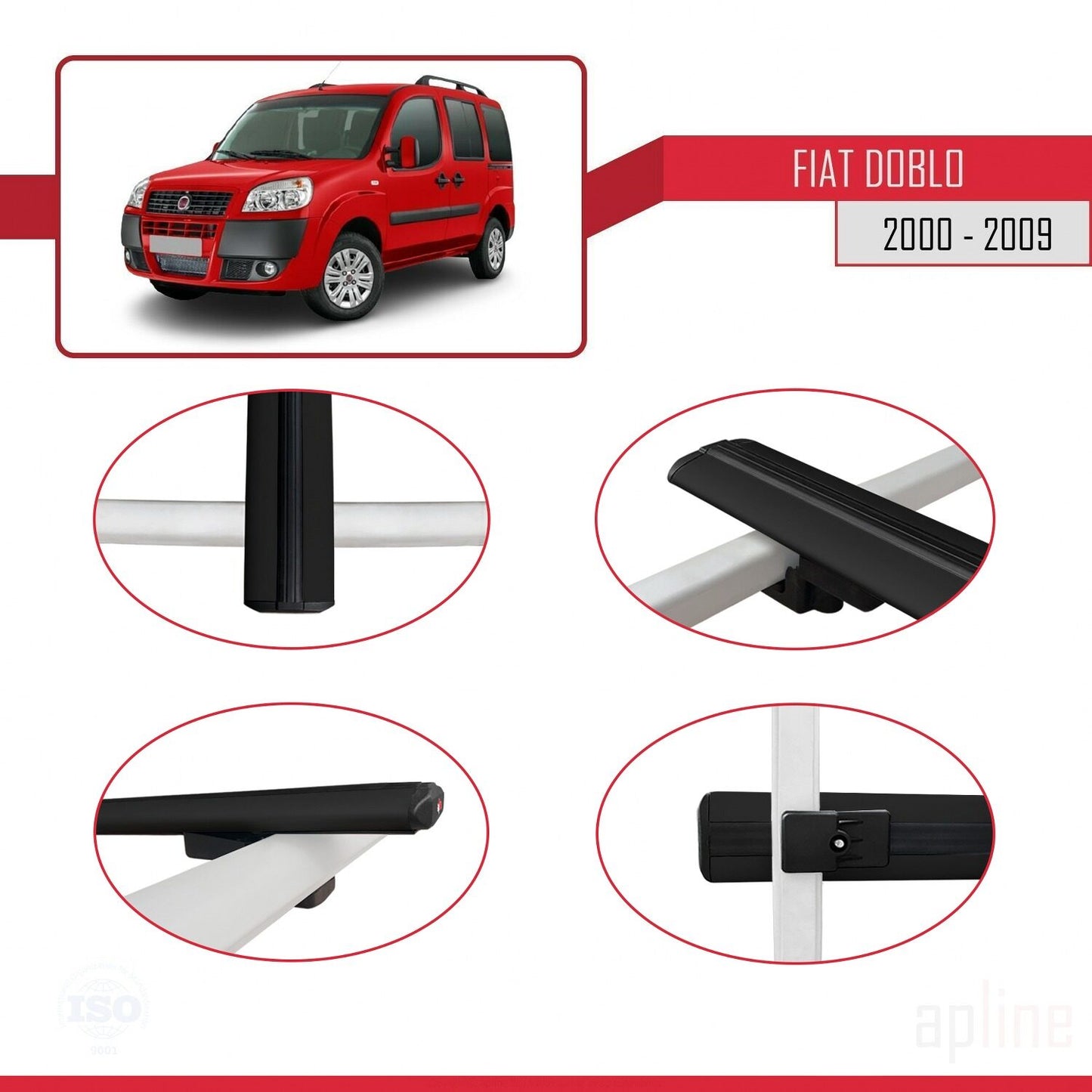 Compatible avec Fiat Doblo 2000-2009 BASIC Model Barres de Toit Railing Porte-Bagages de Voiture Noir Aluminium 3 Barres