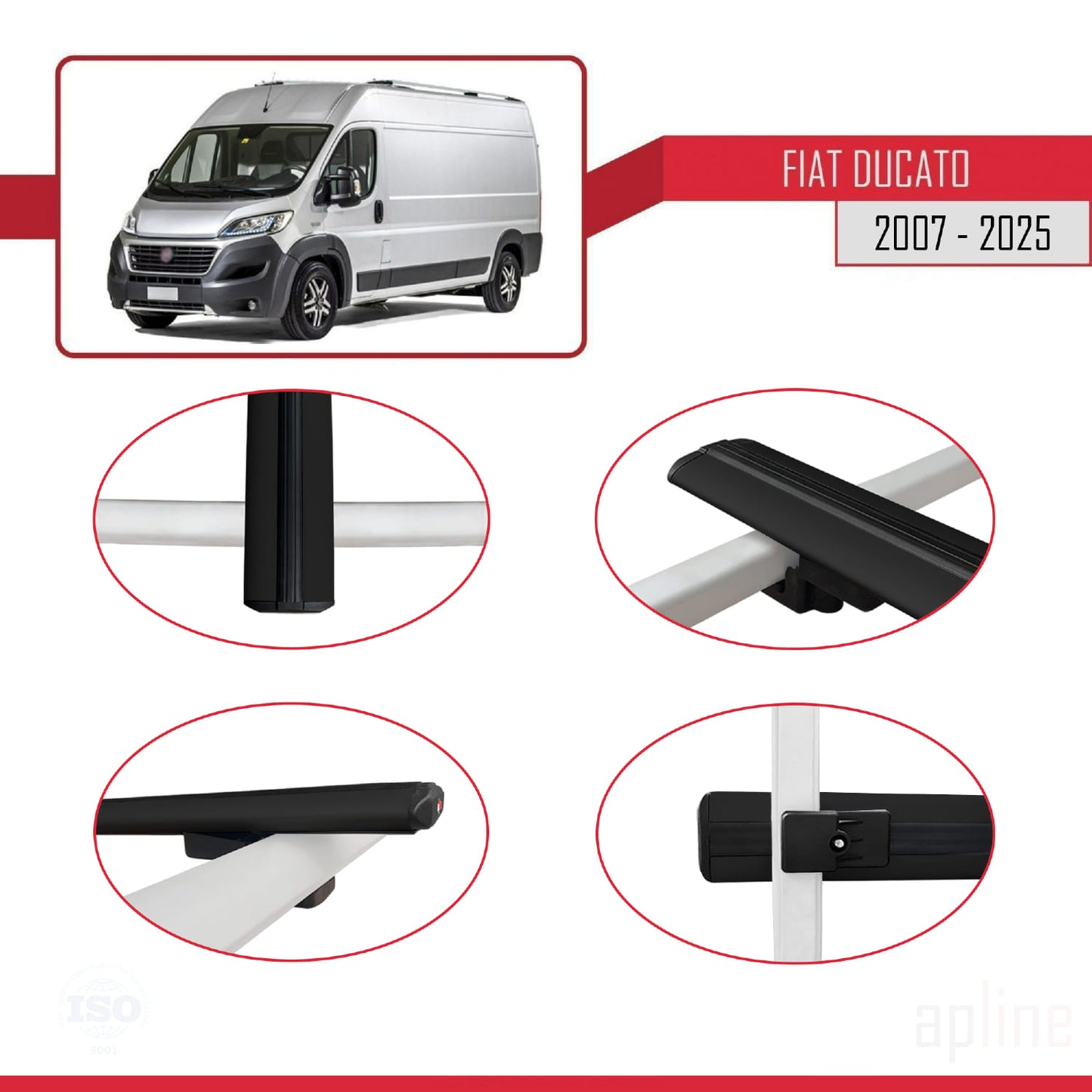 Compatible avec Fiat Ducato 3 2007-2025 BASIC Model Barres de Toit Railing Porte-Bagages de Voiture Noir Aluminium 2 Barres