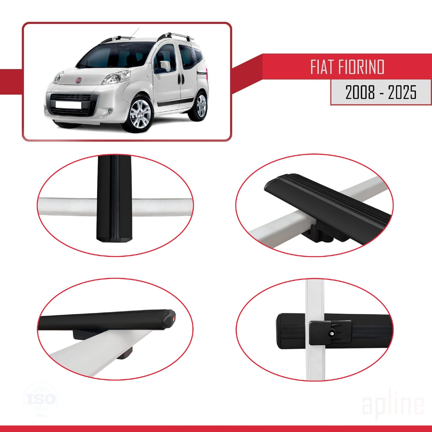 Compatible avec Fiat Fiorino 3 2008-2025 BASIC Model Barres de Toit Railing Porte-Bagages de Voiture Noir Aluminium 3 Barres