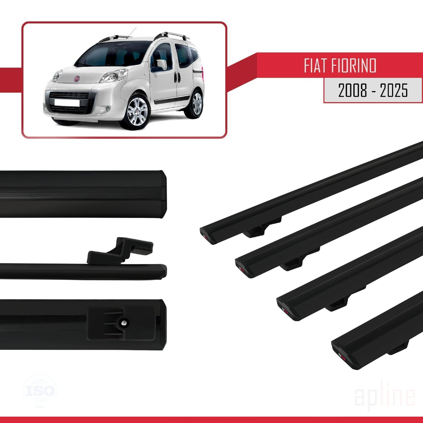 Compatible avec Fiat Fiorino 3 2008-2025 BASIC Model Barres de Toit Railing Porte-Bagages de Voiture Noir Aluminium 4 Barres