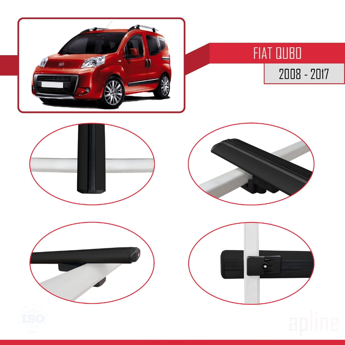 Compatible avec Fiat Qubo 2008-2017 BASIC Model Barres de Toit Railing Porte-Bagages de Voiture Noir Aluminium 3 Barres