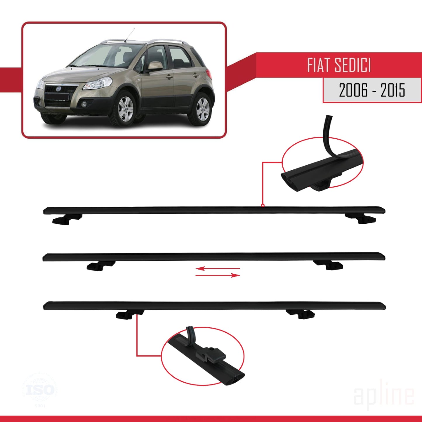 Compatible avec Fiat Sedici 2006-2015 BASIC Model Barres de Toit Railing Porte-Bagages de Voiture Noir Aluminium 2 Barres
