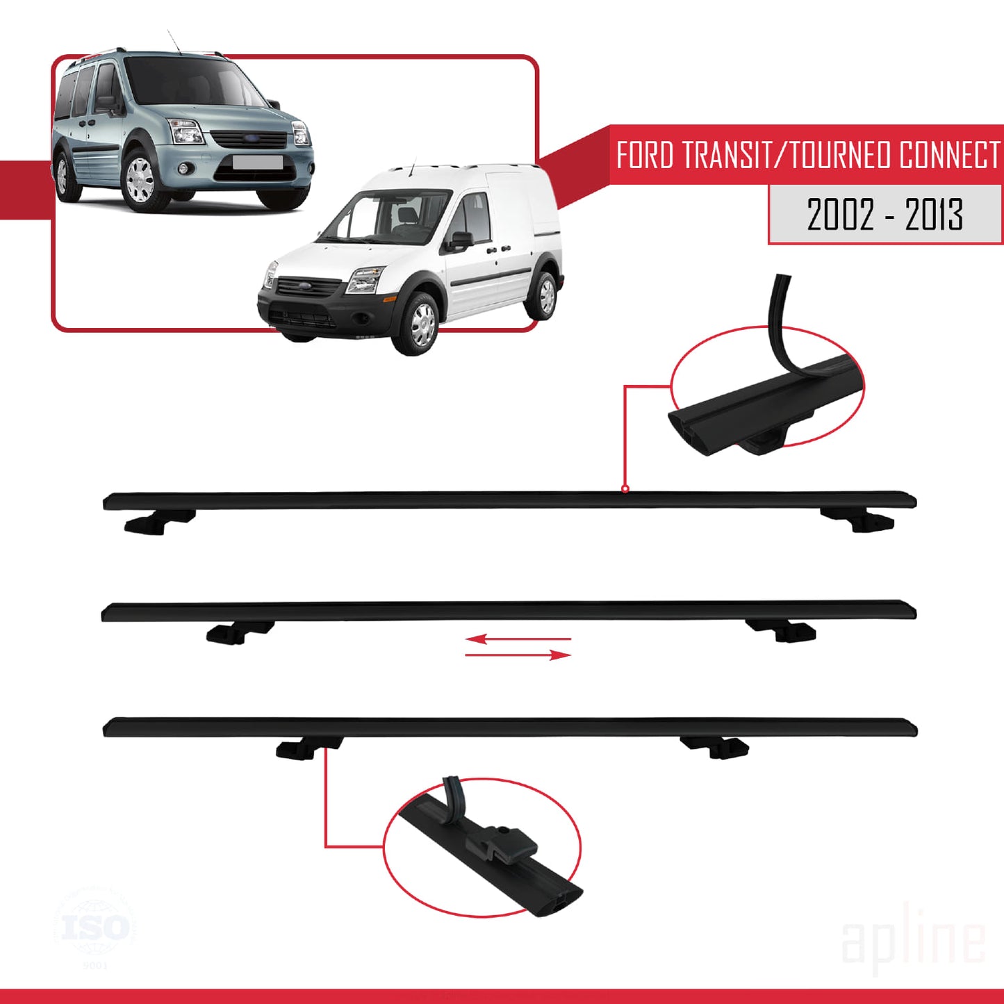 Compatible avec Ford Transit/Tourneo Connect 2002-2013 BASIC Model Barres de Toit Railing Porte-Bagages de Voiture Noir Aluminium 2 Barres