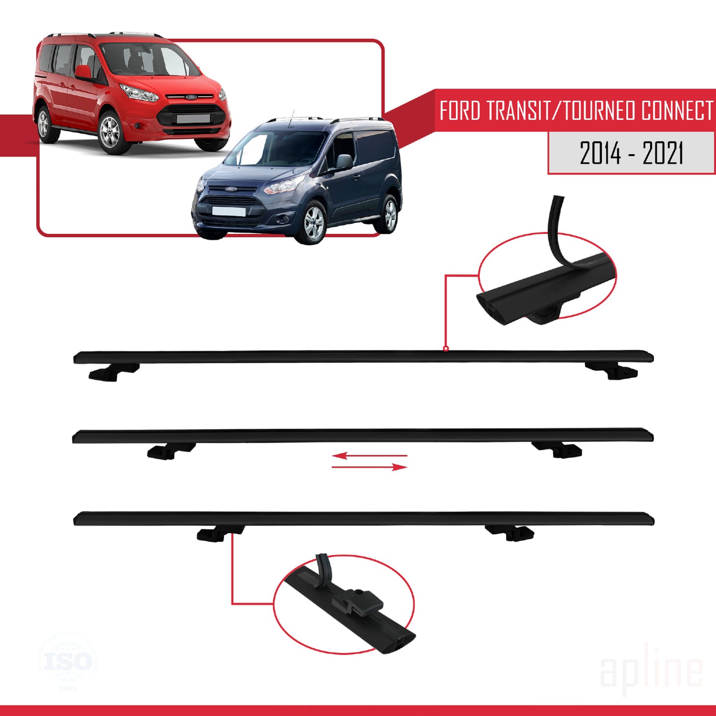 Compatible with Ford Transit/Tourneo Connect 2 2014-2021 BASIC Model Car Roof Rack Cross Bar Black Aluminium 3 Bars