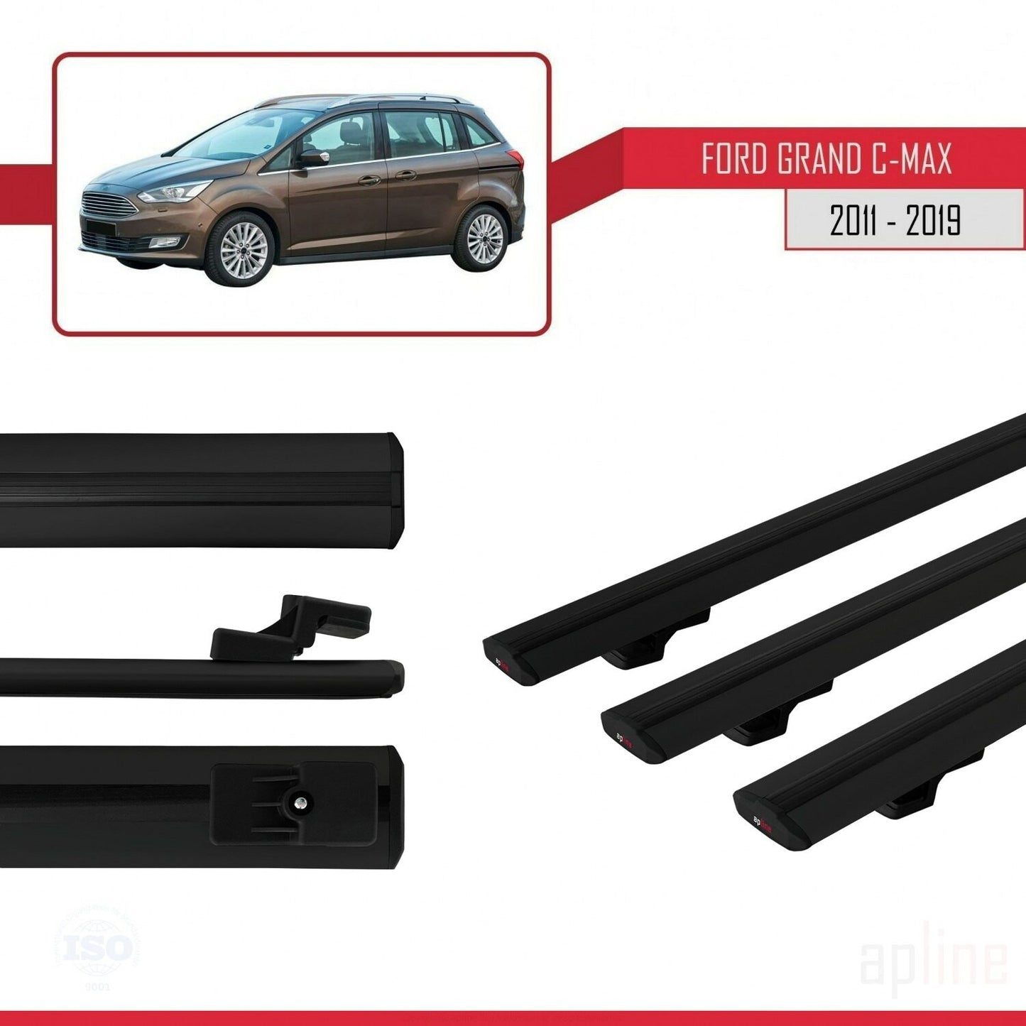 Compatible avec Ford Grand C-Max (C344) 2011-2019 BASIC Model Barres de Toit Railing Porte-Bagages de Voiture Noir Aluminium 3 Barres