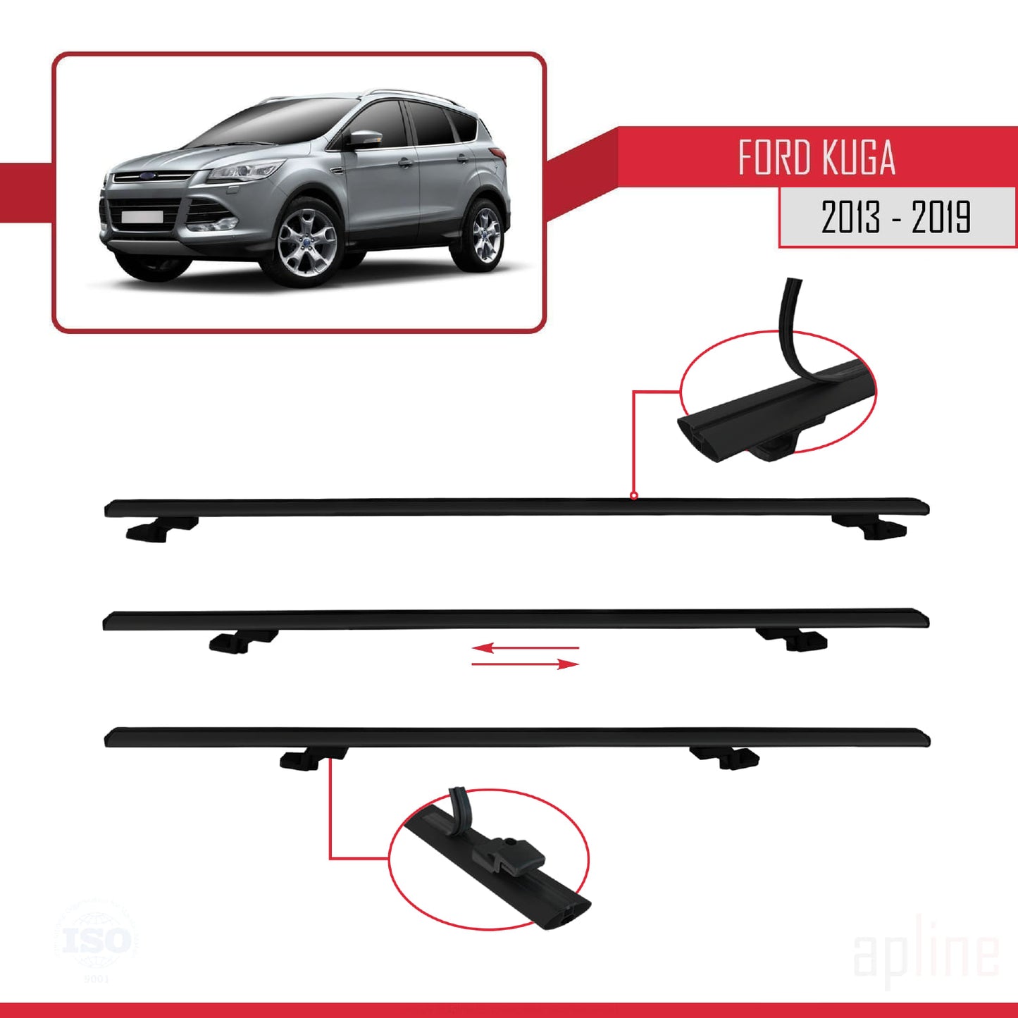 Compatible avec Ford Kuga 2 (C520) 2013-2019 BASIC Model Barres de Toit Railing Porte-Bagages de Voiture Noir Aluminium 3 Barres