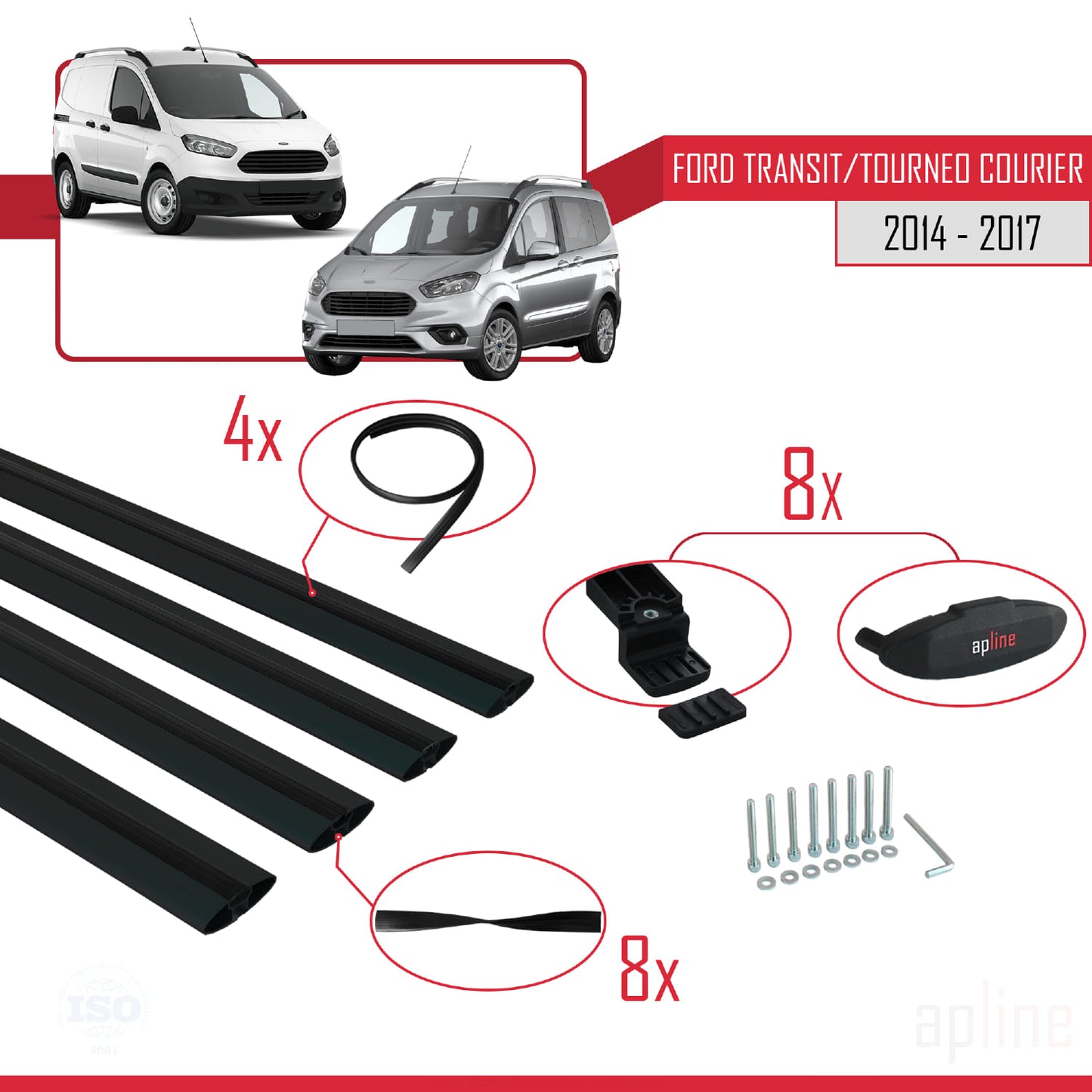 Compatible with Ford Transit/Tourneo Courier Pre-Facelift 2014-2017 BASIC Model Car Roof Rack Cross Bar Black Aluminium 4 Bars