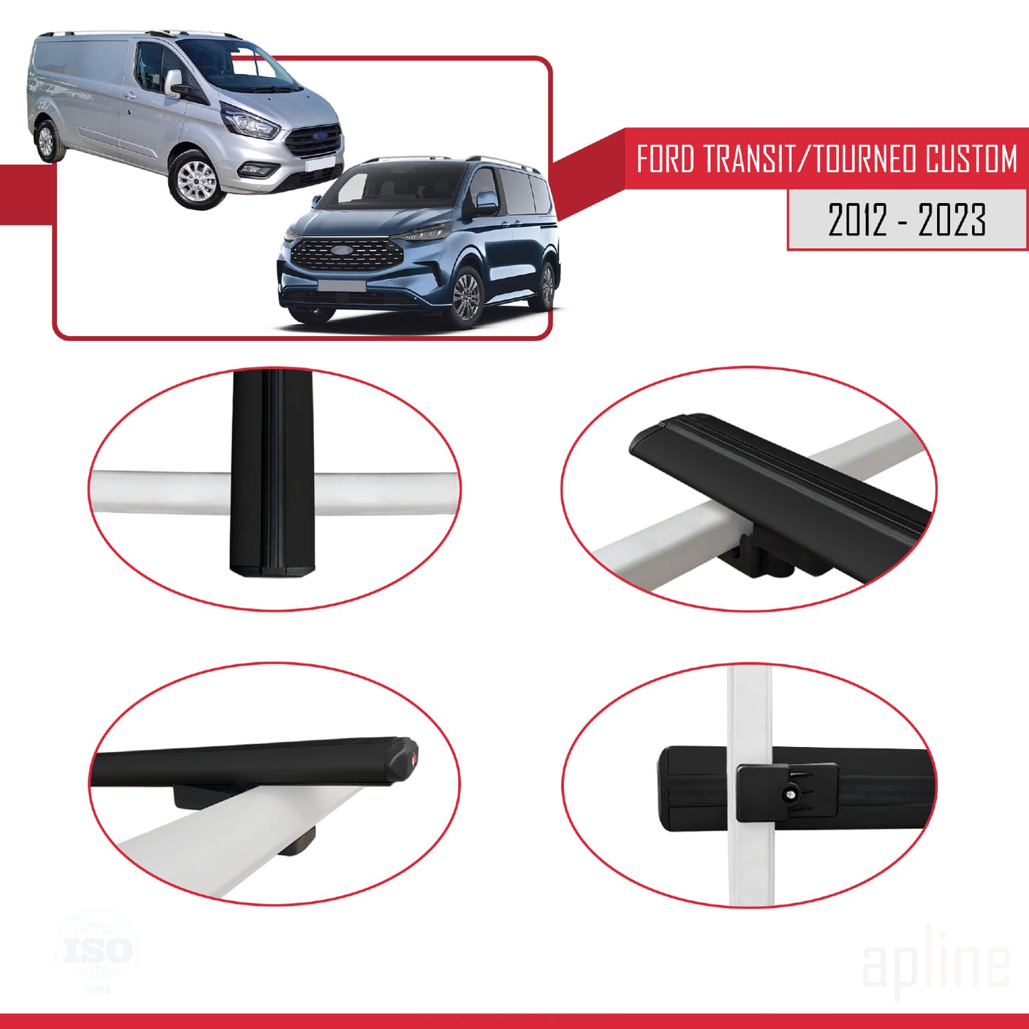 Compatible avec Ford Transit/Tourneo Custom 2012-2023 BASIC Model Barres de Toit Railing Porte-Bagages de Voiture Noir Aluminium 2 Barres