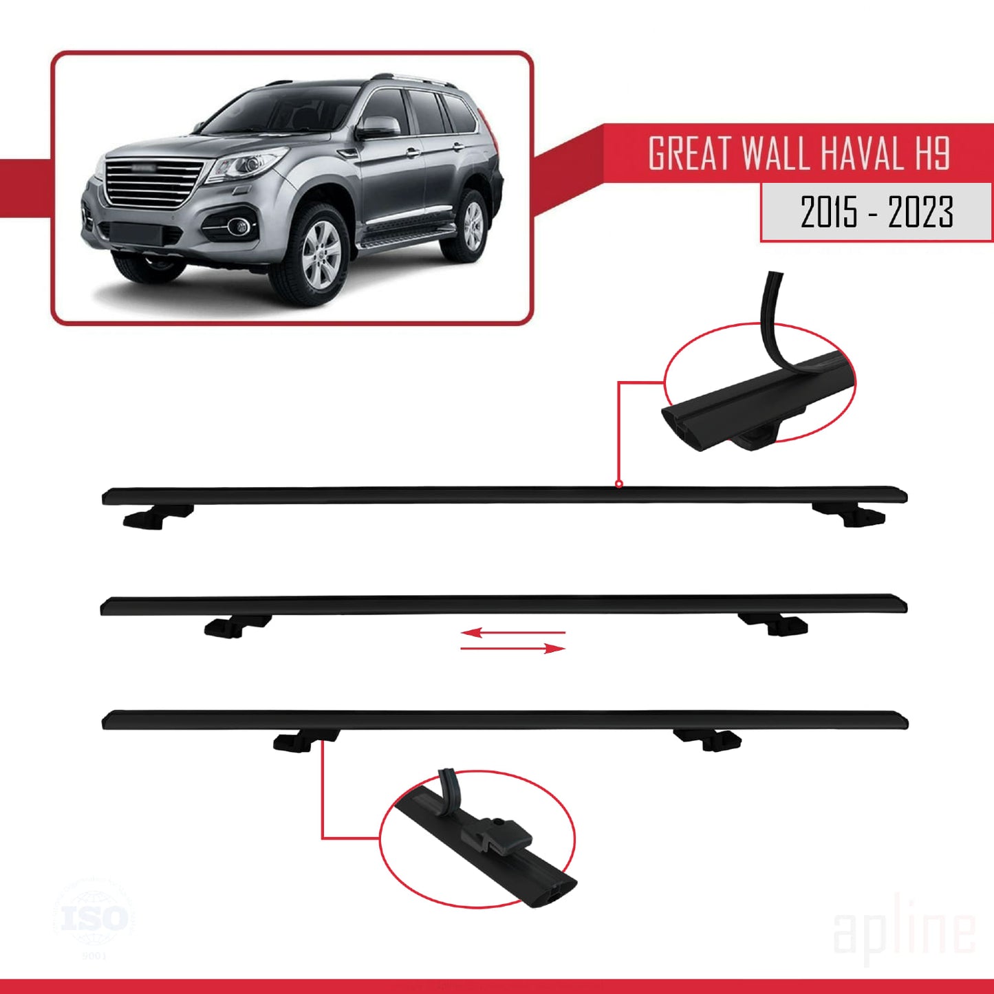 Compatible avec Great Wall Haval H9 2015-2023 BASIC Model Barres de Toit Railing Porte-Bagages de Voiture Noir Aluminium 2 Barres