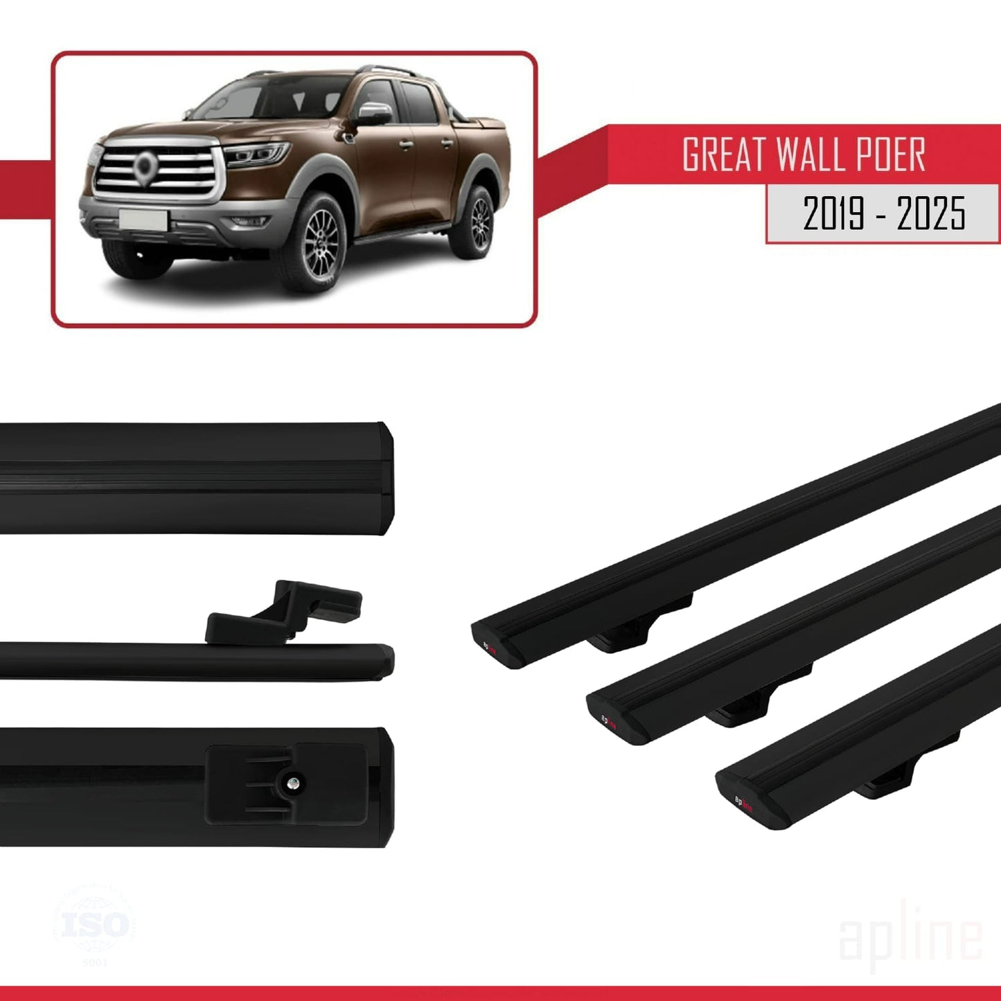 Compatible avec Great Wall Poer 2019-2025 BASIC Model Barres de Toit Railing Porte-Bagages de Voiture Noir Aluminium 3 Barres